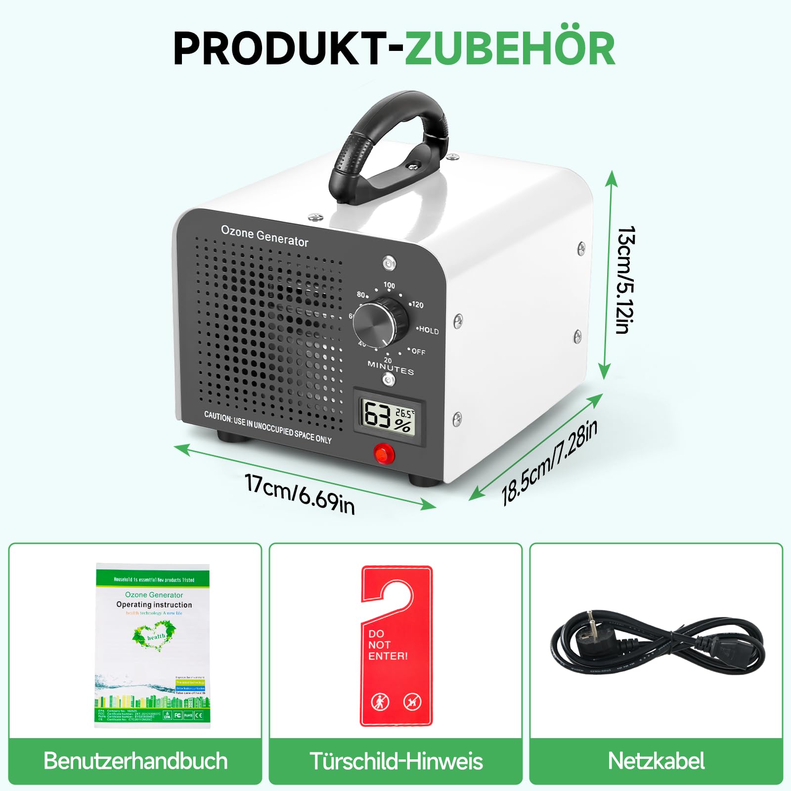 Ozongenerator 60000 mg/h Industrielles Ozon-Gerät mit 120-Minuten-Timer bis 350㎡ O3 Ozonisator Weiß