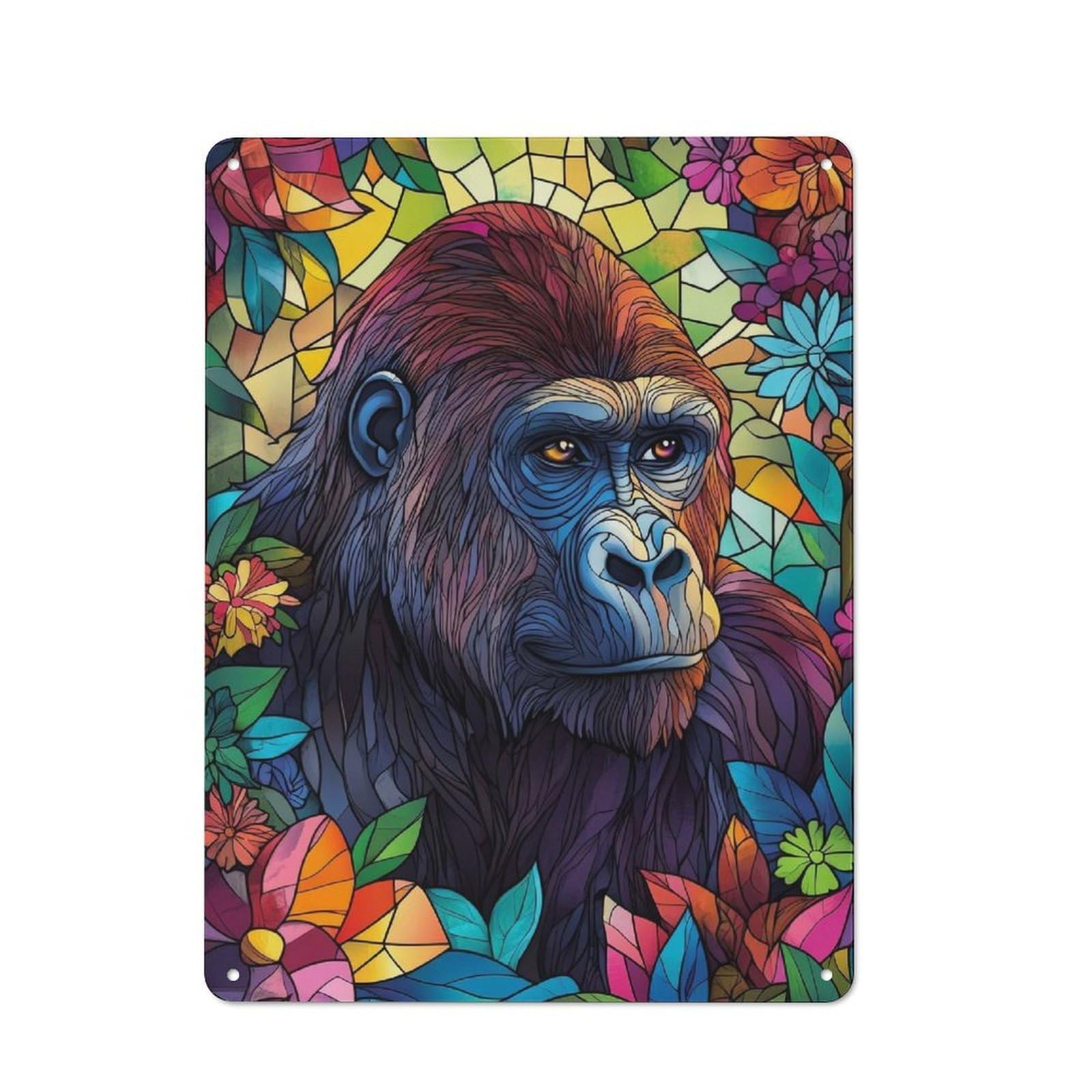 Clean Industrial Gorilla in Flowers Decorative Metal Plaque 40x30cm, Loft Wall Plaque for Modern Home, Workshop, Office Or Cafe