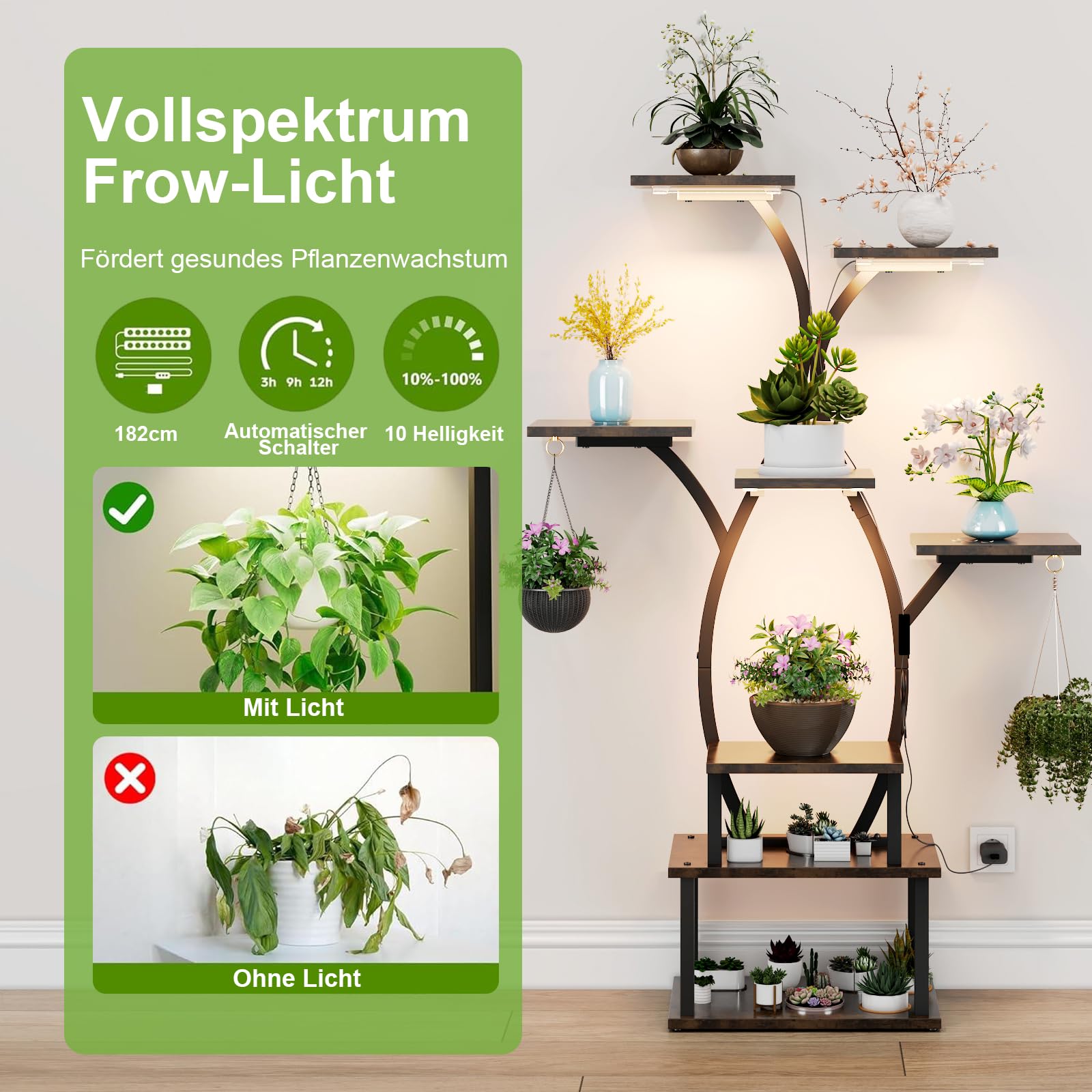 Blumenständer mit Licht Pflanzenregal mit Wachstumslicht 8 Ebenen Präsentationsständern aus Metall und Holz Blumenständer für Terrasse, Garten, Balkon, Wohnzimmer