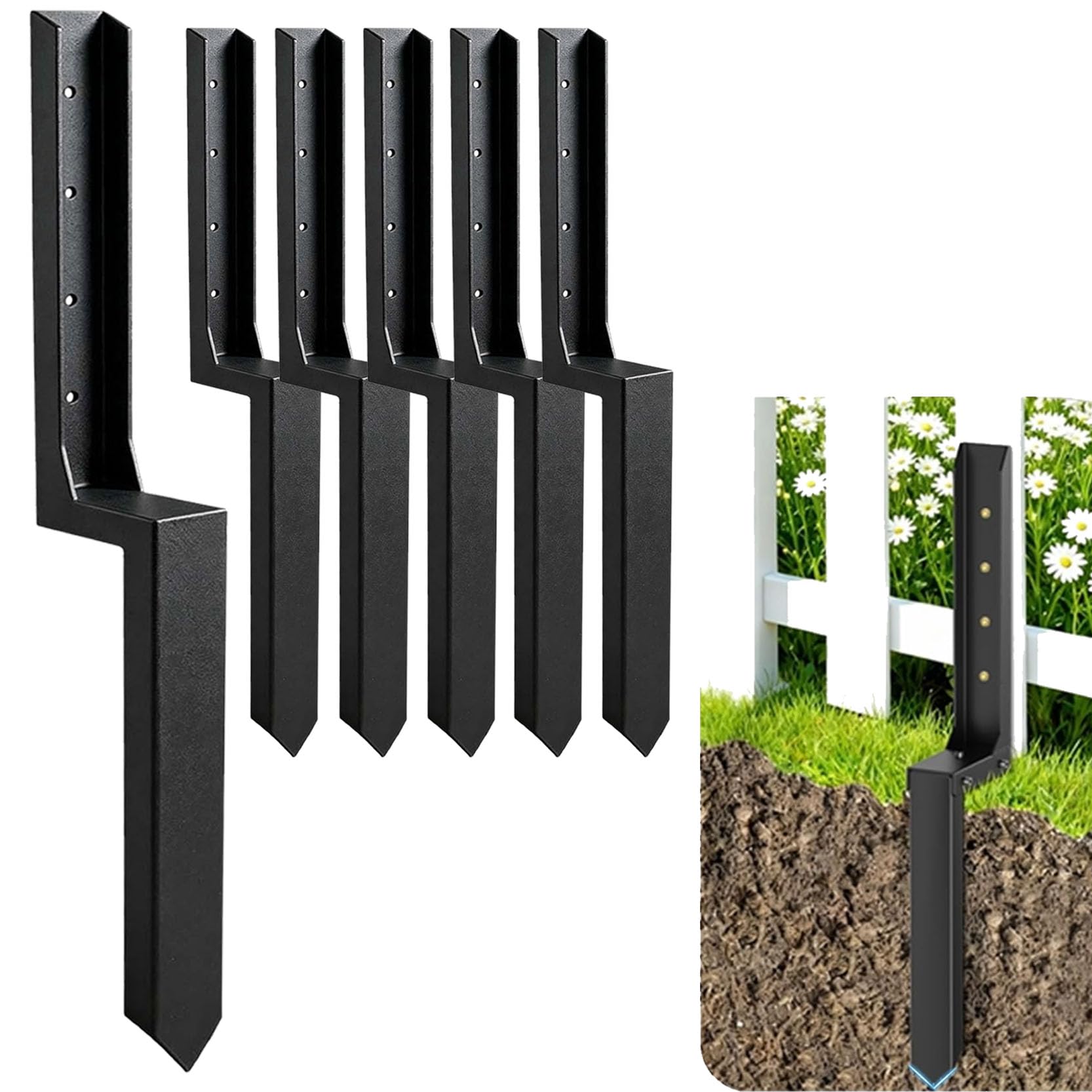 LQSYBHD One-Piece Molding Black Heavy Duty Steel Fence Post Repair Stakes with Ground Anchor Screw in Fix Anchors Ground Spike for Fence Posts,Repair Tilted Broken Wood Posts(Color:6pack)