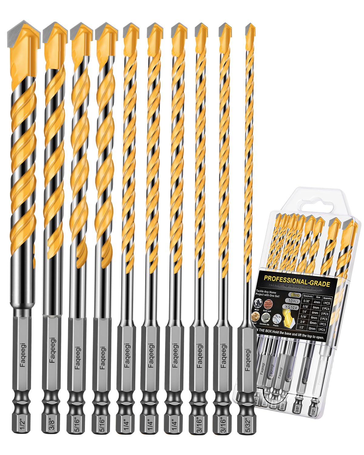 10PCS 6-Inch Masonry Drill Bit Set, YG10X Carbide Tipped, Shockproof Hex Shank, Heavy-Duty for Concrete/Tile/Brick/Cement/Glass, 5/32"-1/2" Sizes