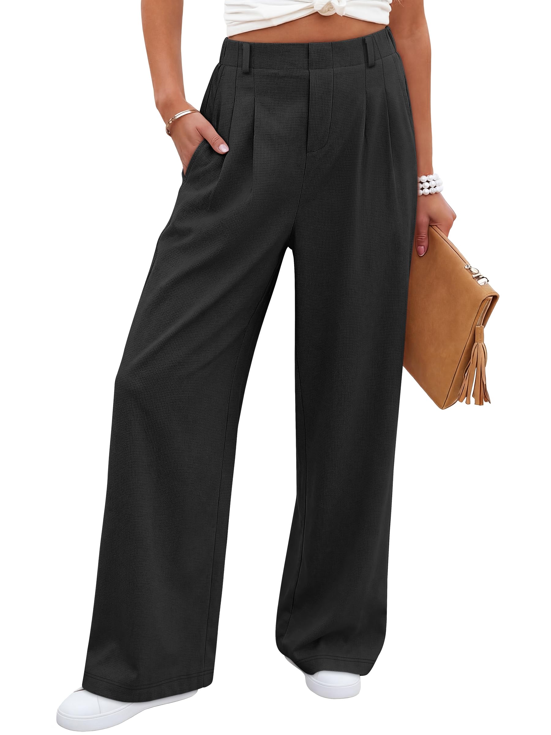ANRABESS Women Wide Leg Pants Stretchy Work Dress Pants Waffle Knit Business Casual Pull on Palazzo Slacks Trousers