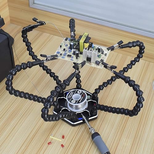 Miniatura 8 de Soldering Helping Hands - Soporte de agarre de tercer tornillo de banco con seis brazos flexibles, base grande y alambre de soldadura de estaño para