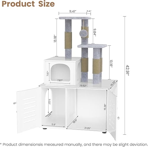 Miniatura 6 de Recaceik Caja de arena para gatos con árbol para gatos, muebles de baño ocultos para gatos con divisor, casa de madera para gatos con plataforma,