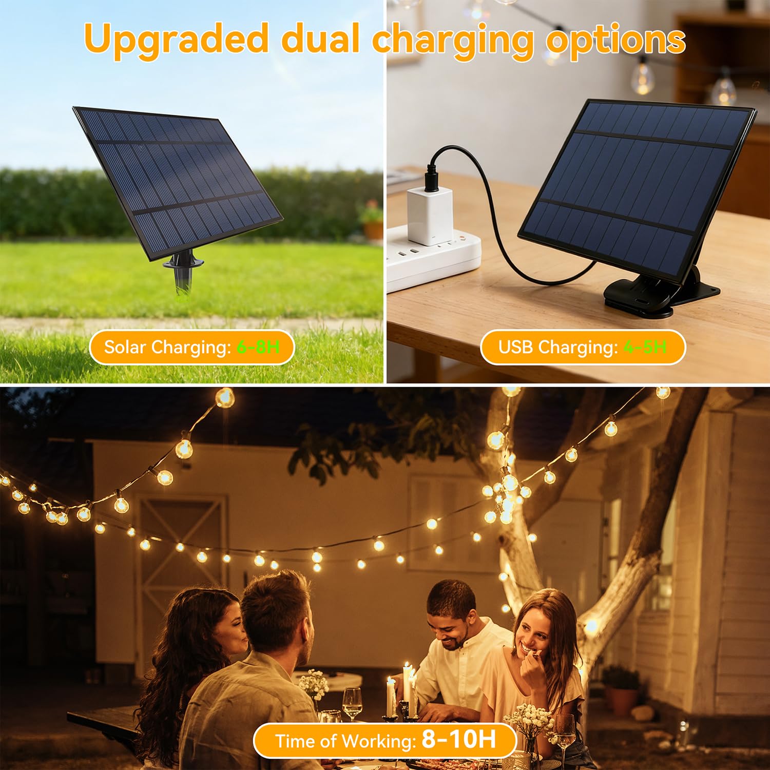 30 m Solarleuchten für den Außenbereich, wasserdichte Soffittenleuchten mit 40 + 2 bruchsicheren G40 Glühbirnen, 3 Modi, dimmbar, USB & solarbetriebene Lichterkette für den Außenbereich