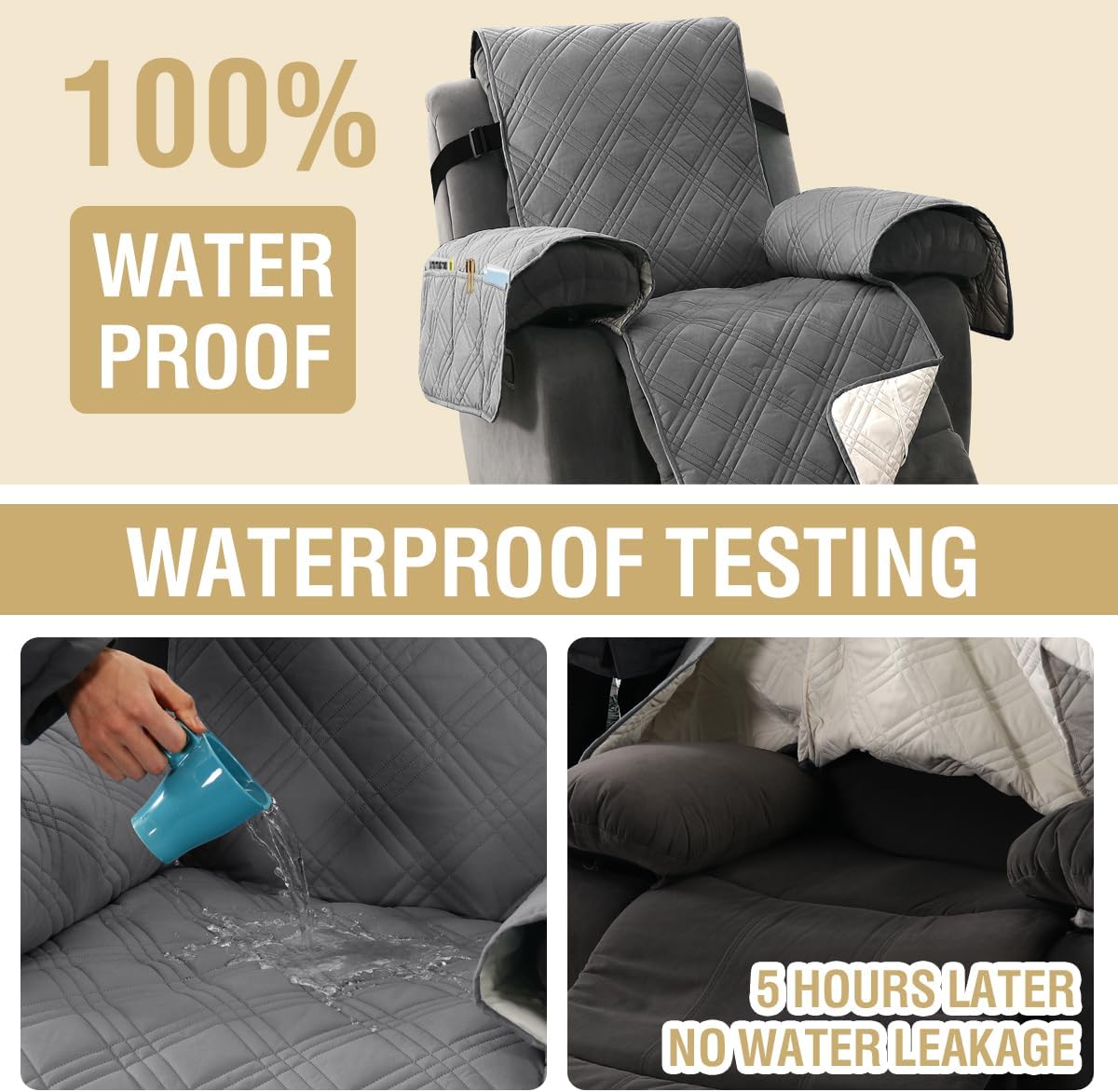 H.VERSAILTEX 100% Waterproof Recliner Cover 1-Piece Reversible Lazy Boy Recliner Chair Covers Furniture Protector with Elastic Straps for Pets Kids Sitting Width Up to 23" (Recliner, Grey/Beige)