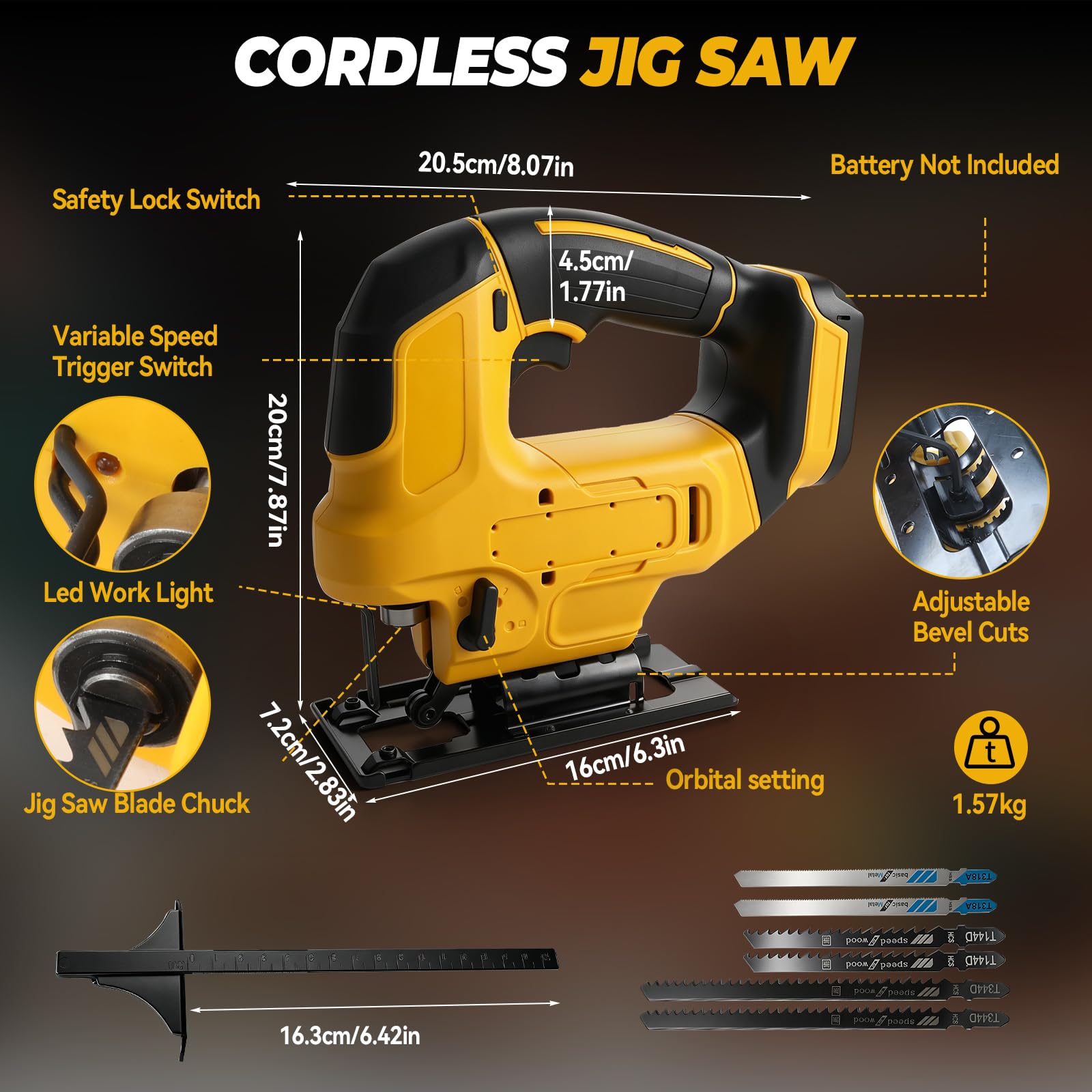 Sierra de calar inalámbrica compatible con baterías DEWALT de 18 V/20 V, 20.000 rpm, motor sin escobillas, 4 posiciones de carrera, regulación de velocidad continua, carrera de 23 mm, 0-2750 carreras