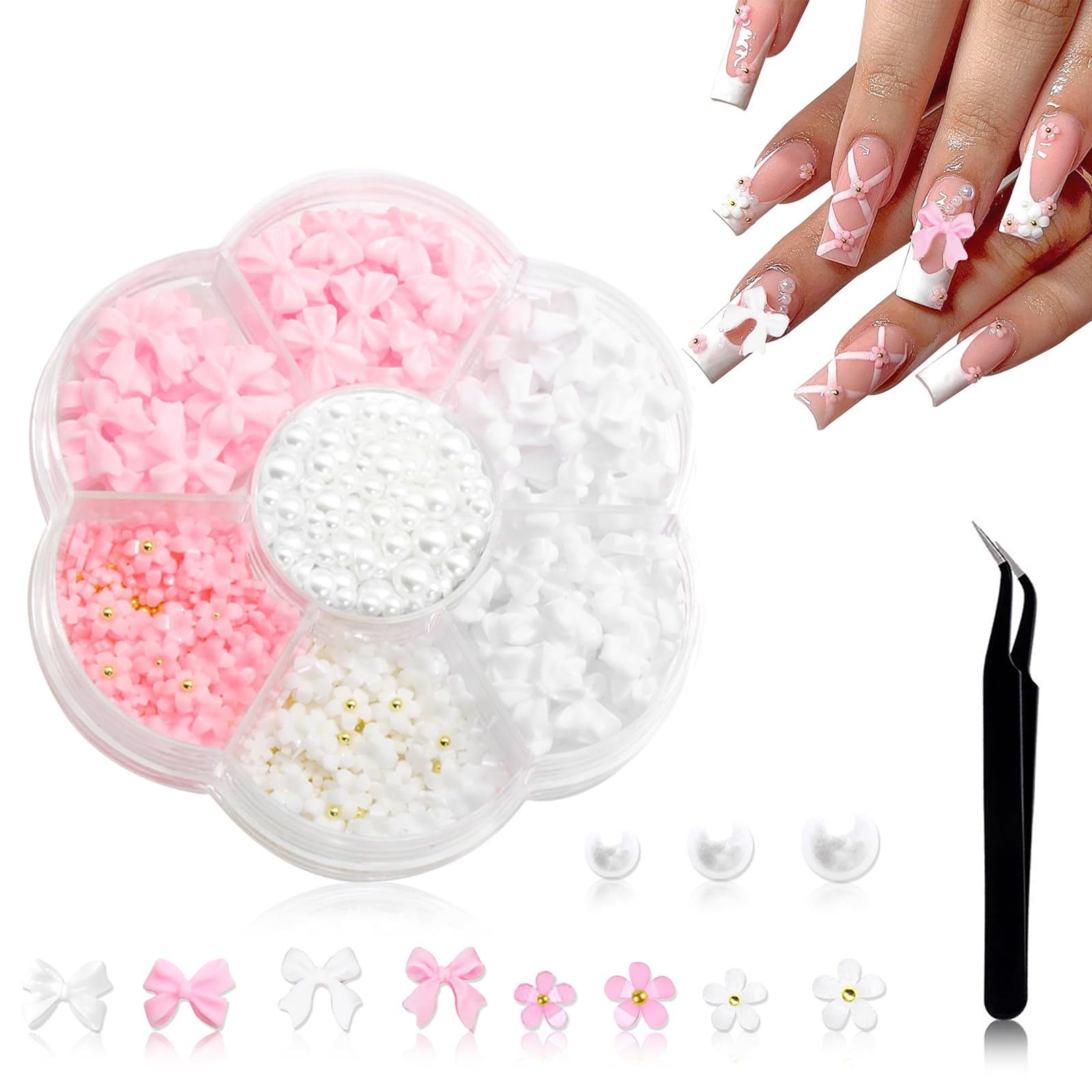 1000 Stück Rosa & Weiße Nagelcharms – Bogenknoten, Blumen, Flatback Perlen Für Nailart, Valentinstag