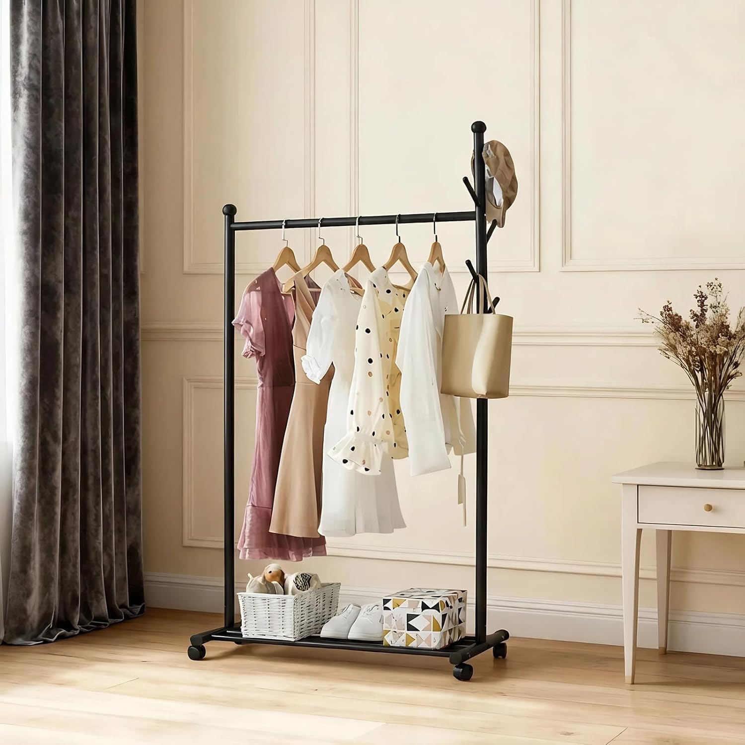 GarveeMore Heavy Duty Metal Clothes Rack with Wheels and Shelves – Portable Rolling Garment Rail for Coats, Shirts, Sweaters – Space-Saving Freestanding Wardrobe for Hallway, Entryway, Bedroom, Corner