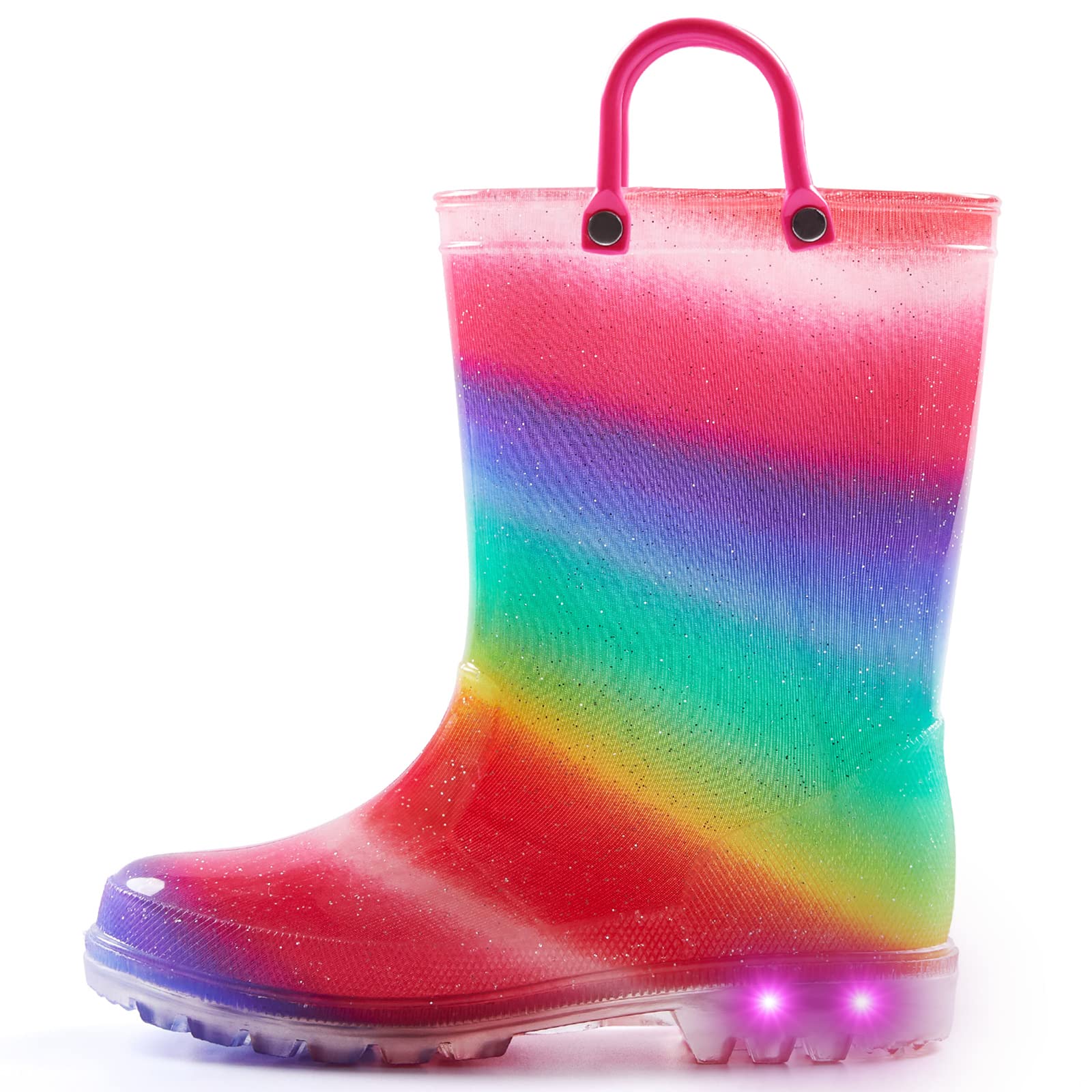 K KomFormeKomForme Toddler Boy Girl Rain Boots with Light,Kids Shining Shoes with Memory Foam Insole and Easy-on Handles Rainbow, 7 Toddler