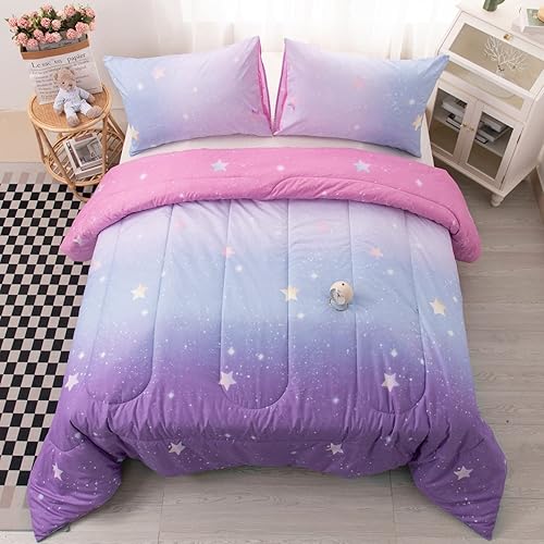 HOSIMA Juego de edredón de cama para niñas, tamaño Queen, colorido juego de ropa de cama con temática de estrellas y arco iris con purpurina para