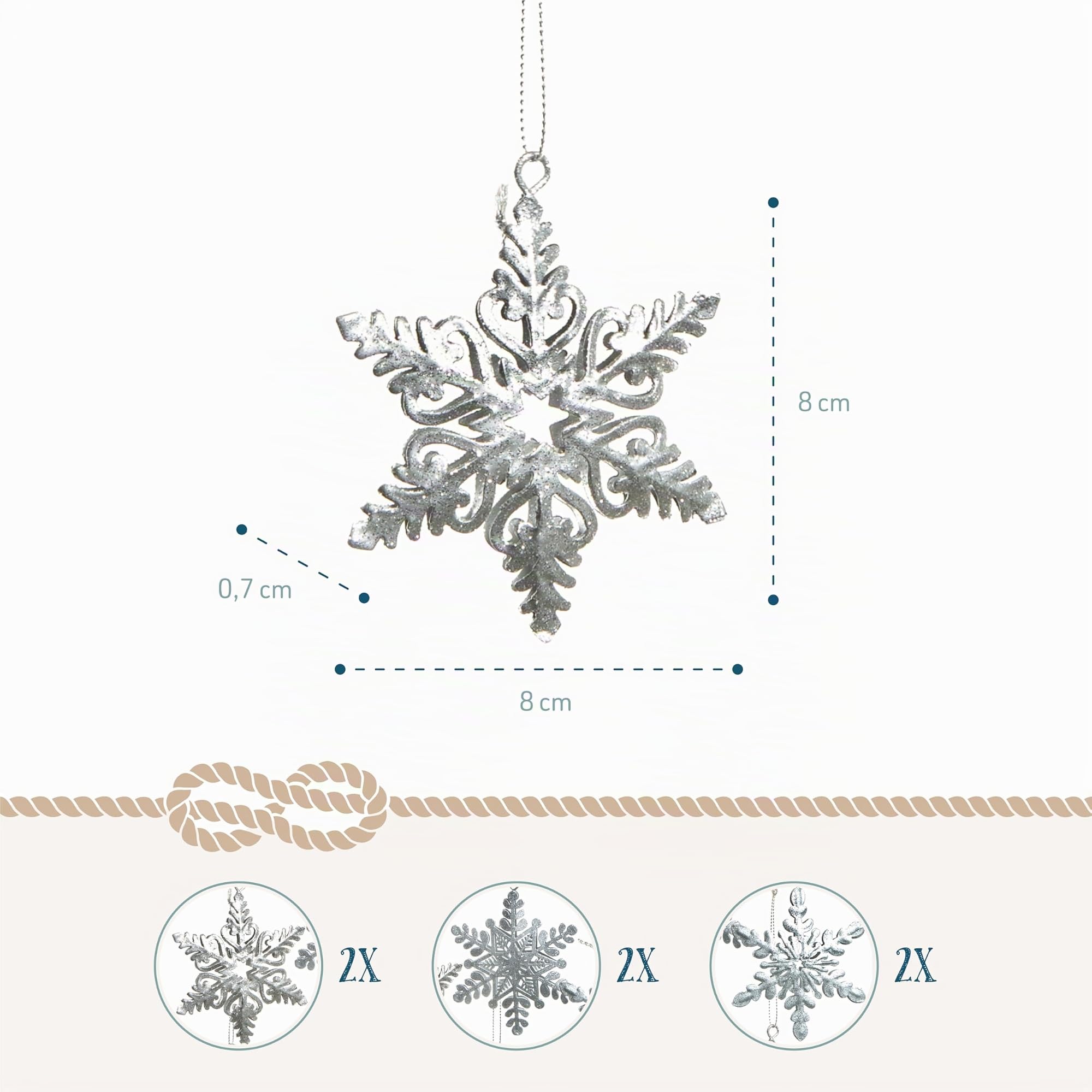 Anhänger Schneeflocken, 6 Stück: Weihnachtsanhänger Metall, Weihnachten Metallanhänger Geschenk, Weihnachtsbaum & Zweige, Weihnachtliche Deko, Baumschmuck Klein, Silber, 8 cm
