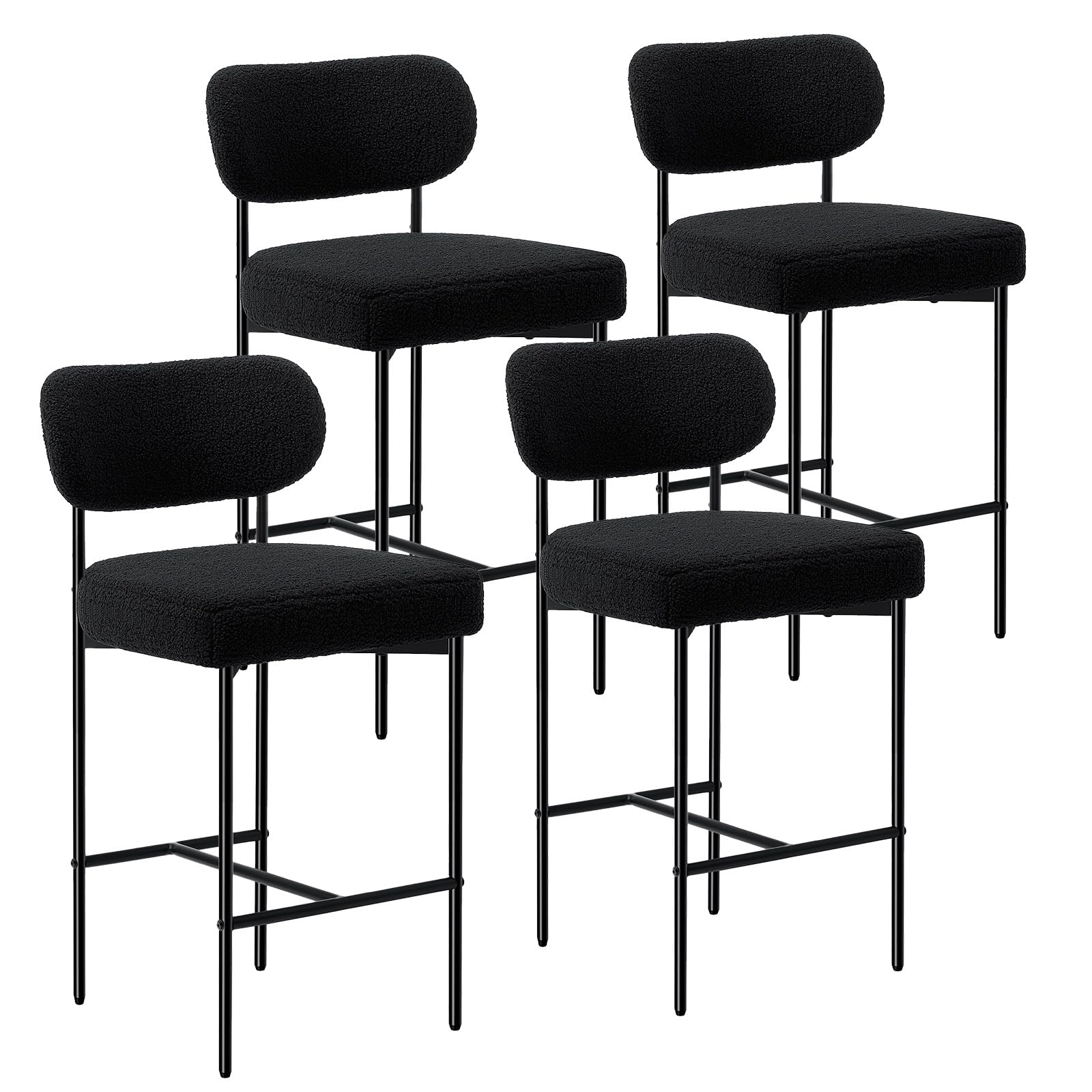 HOMMPA 26'' Bar Stools Set of 4 Boucle Counter Height Barstools Set Upholstered Modern Bar Stools Chairs with Back Metal Legs for Kitchen Island
