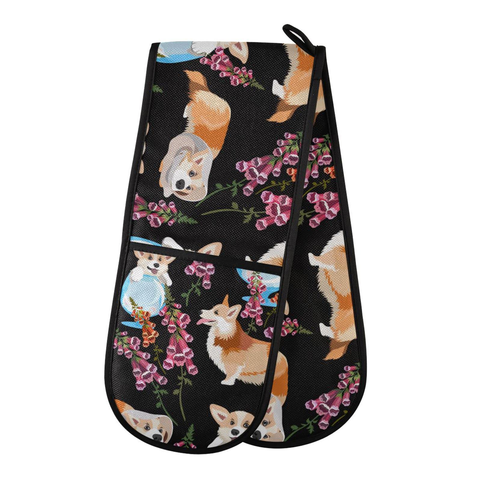 Youjuner Colour 10 Double Oven Glove Cute Dog Corgi Print Heat Resistant Double Ovens Mitt Modern Cooking Gloves Potholders