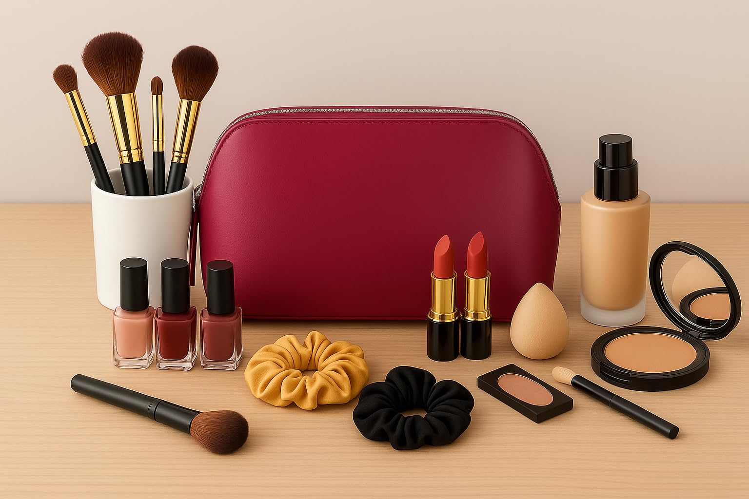 Women's Leather Cosmetic Bag - Medium Travel Makeup Pouch - Make-Up Case (Pink) - Image 2
