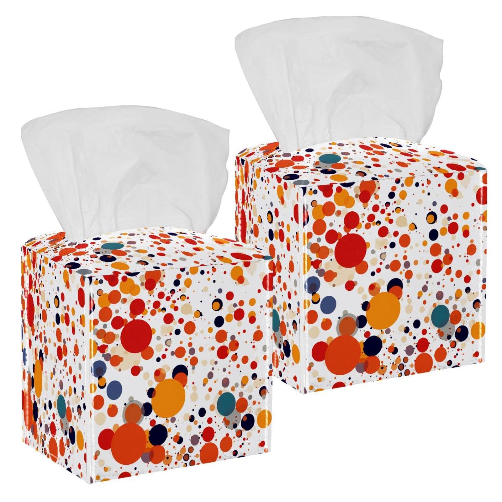 Circles Dots Colorful Tissue Box Cover, 2 Pack PU Leather Square Facial Tissue Dispenser Box holder for Home Office Car