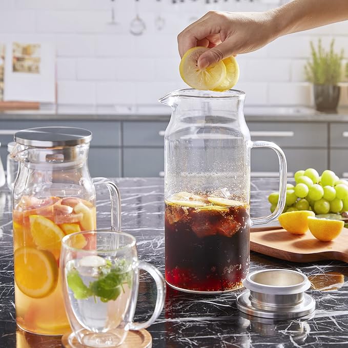 1 Gallon Glass Pitcher with Lid and Spout, Bivvclaz Glass Water Pitcher for Fridge, Glass Carafe for Hot/Cold Water, Iced Tea Pitcher, Large Jug for Coffee, Juice and Homemade Beverage