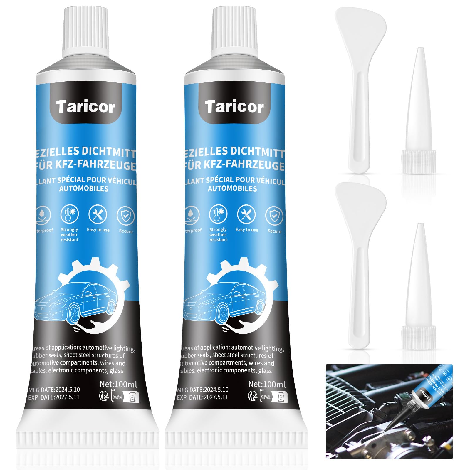 Taricor 2PCS Karosseriekleber Schwarz,100ml x 2 Scheibenkleber Auto Schwarz, Auspuff Dichtmasse, Hochtemperatur Silikon Dichtmasse Kfz, Dichtmasse Motor