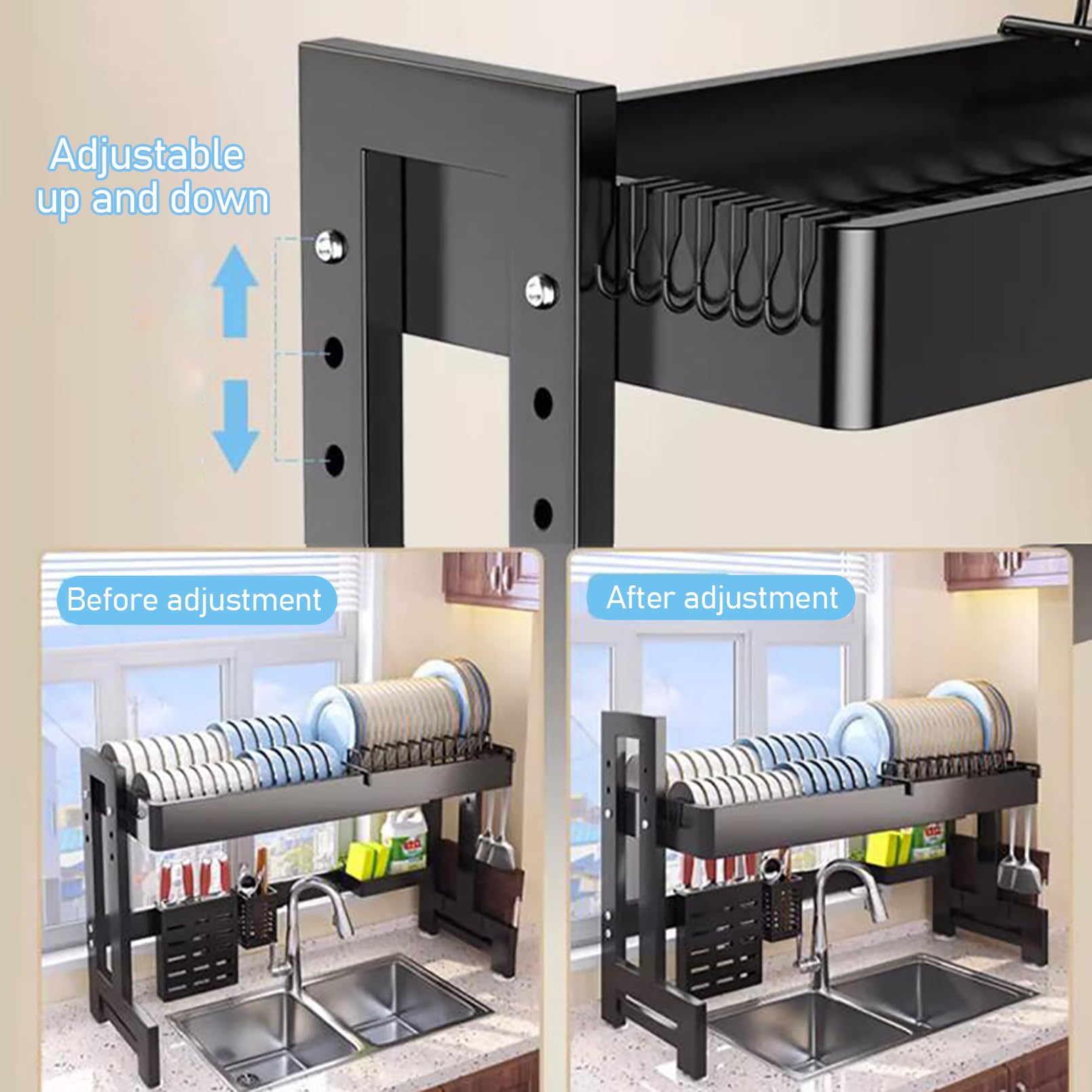 Scolapiatti da appoggio sopra Il lavello con cestelli Multipli, Ganci, Porta spugne, Estensibile in Altezza e Lunghezza, asciugapiatti da Cucina per Piatti, Ciotole e pentole.