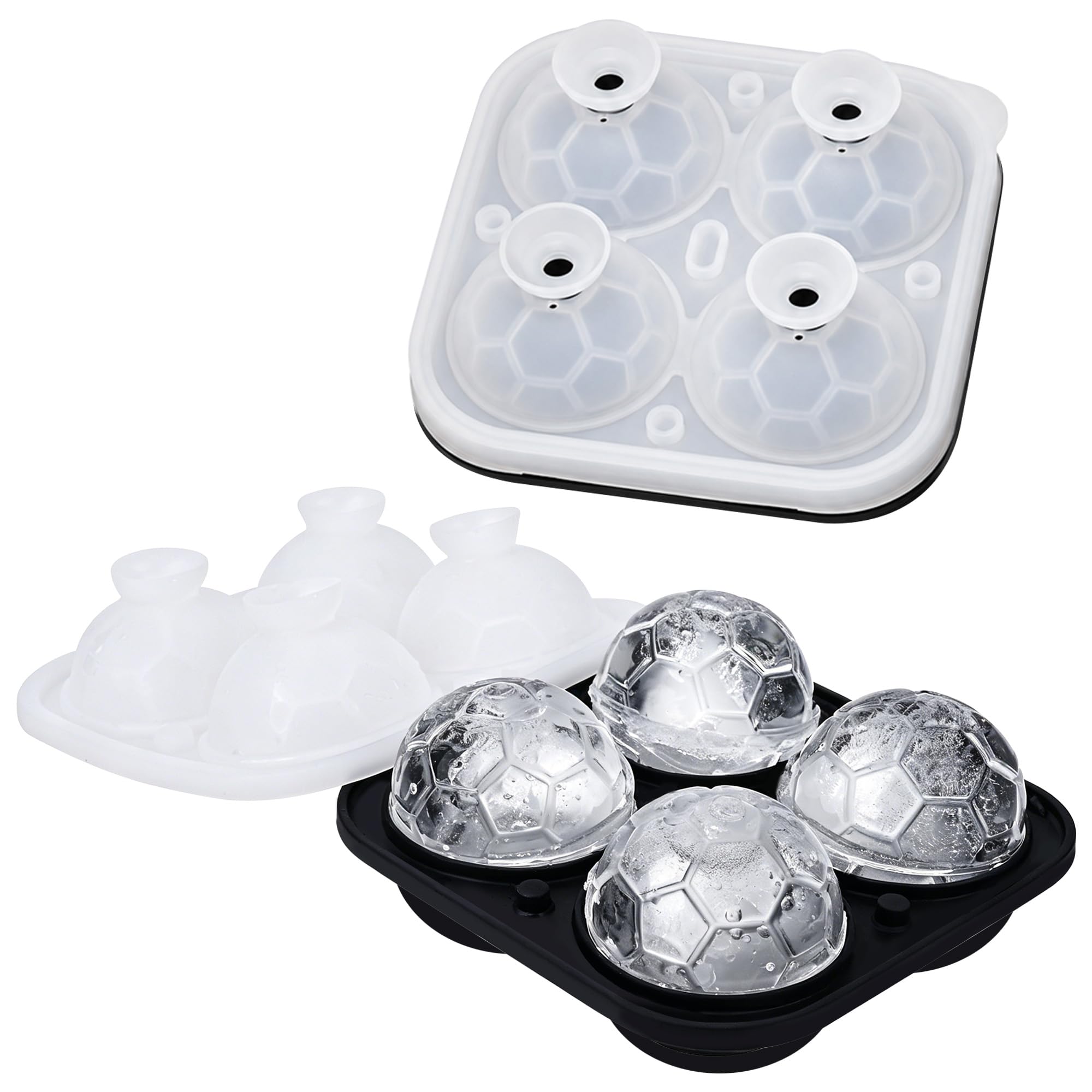 Soccer Ball Ice Cube Mold - 2-Pack Large Football Ice Ball Molds with Funnel Lid, 2.2 Inch Silicone Round Ice Cube Tray for Whiskey, Bourbon, Cocktails, Party Drinks