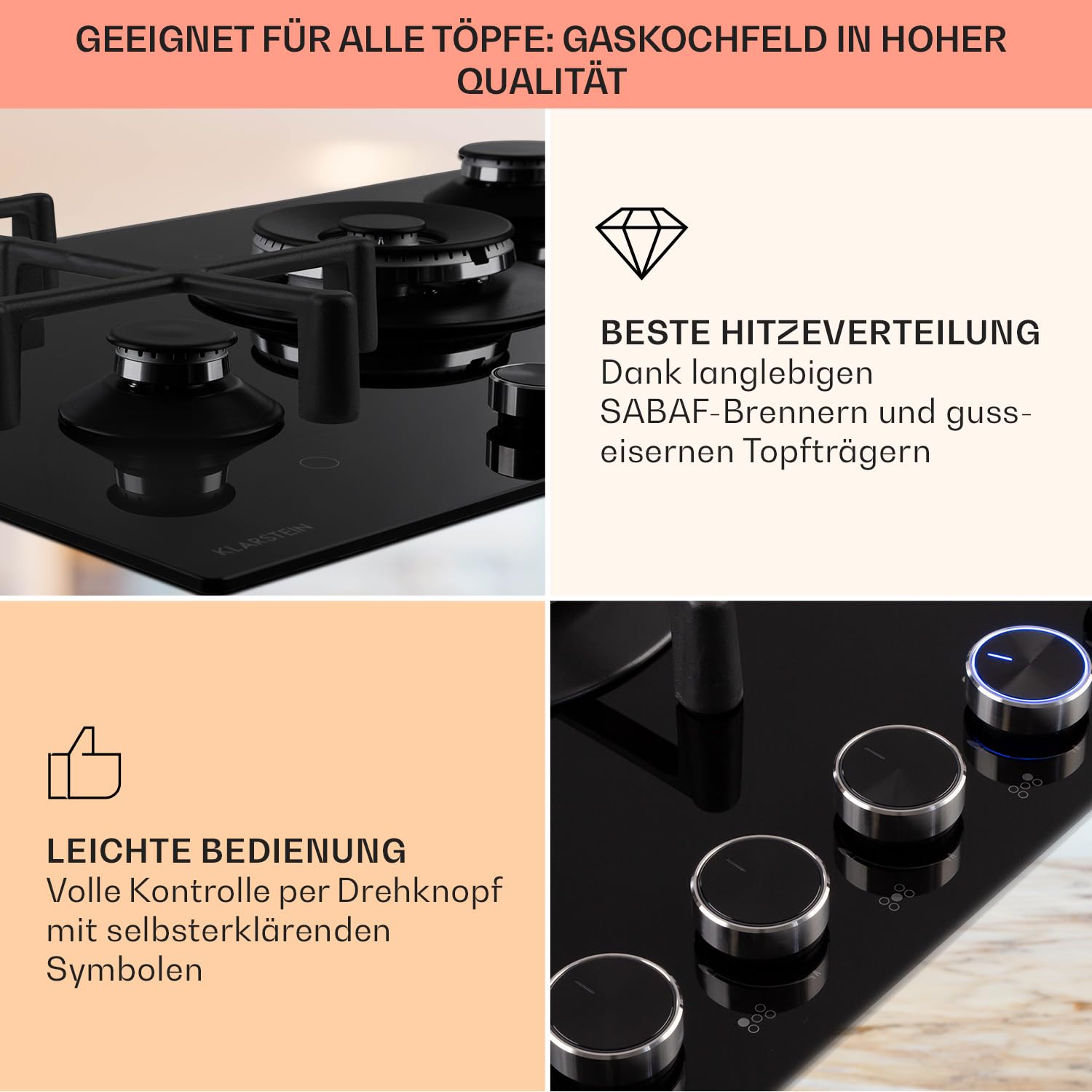 Klarstein Gaskocher 5-Flammig, 11,5kW Einbau-Gaskocher für Innenbereich, für Wohnmobil, 5-Flammiger Fünf Brenner Gasherde, Moderner Einbau Gasherd, Gas Herd