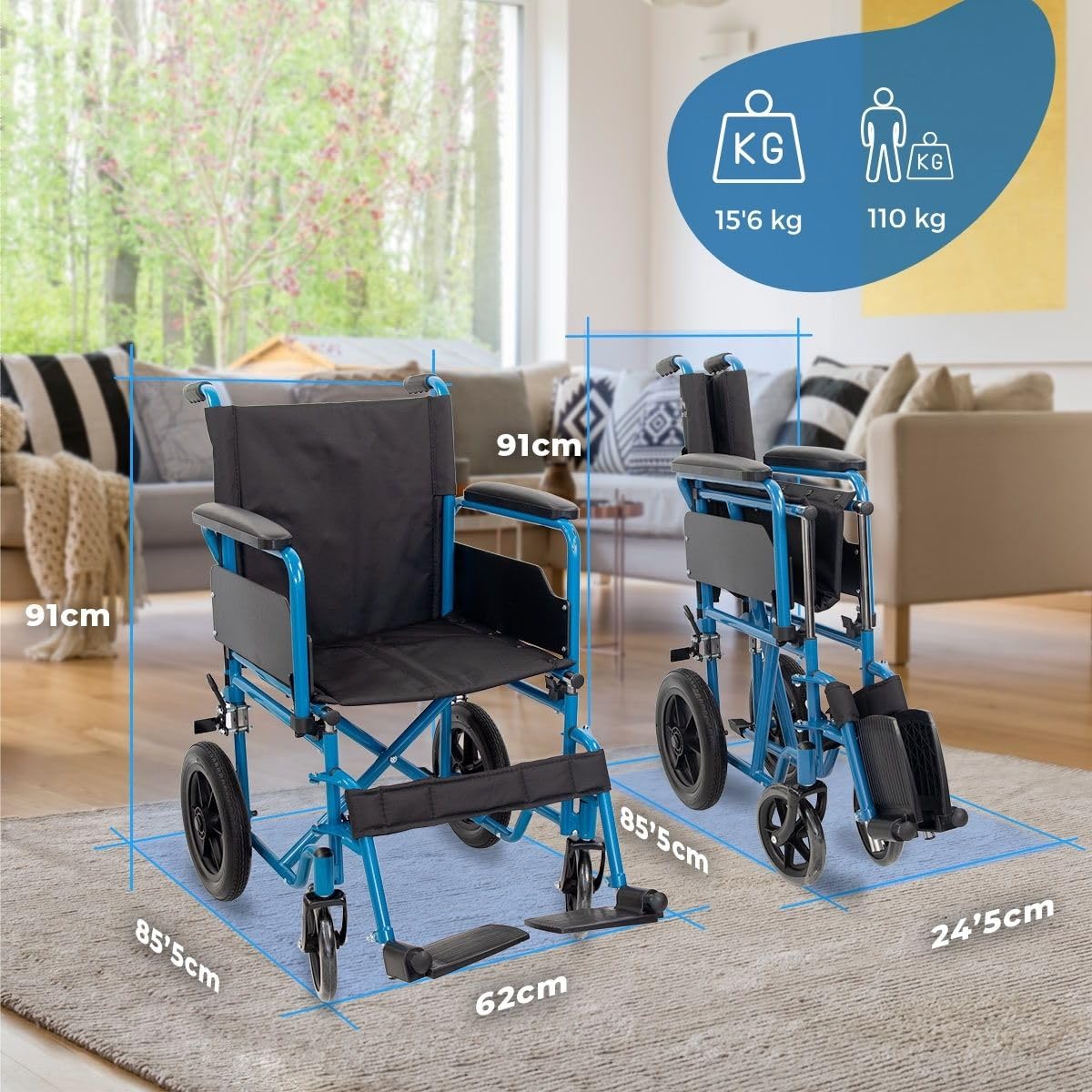 Mobiclinic®, Składany wózek inwalidzki, Marsella, Kółka z możliwością szybkiego zwolnienia po naciśęciu przycisku, Stabilny, Siedzisko 46 cm, Dźwignia hamulca, Niebieski