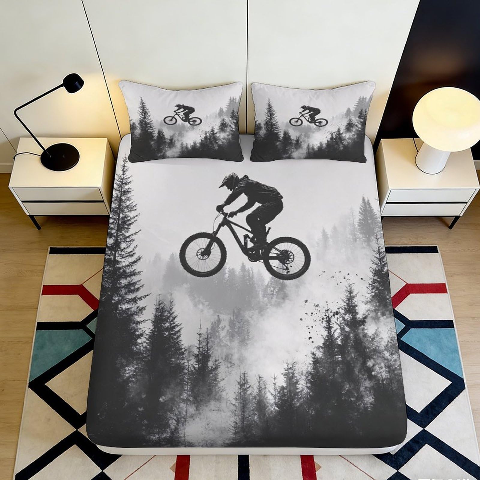 3D Printed Mountain Forest Fitted Sheet Microfiber Soft Breathable Cycling Adventure Bed Cover for Bedroom Dorm Decor 90x200x25cm