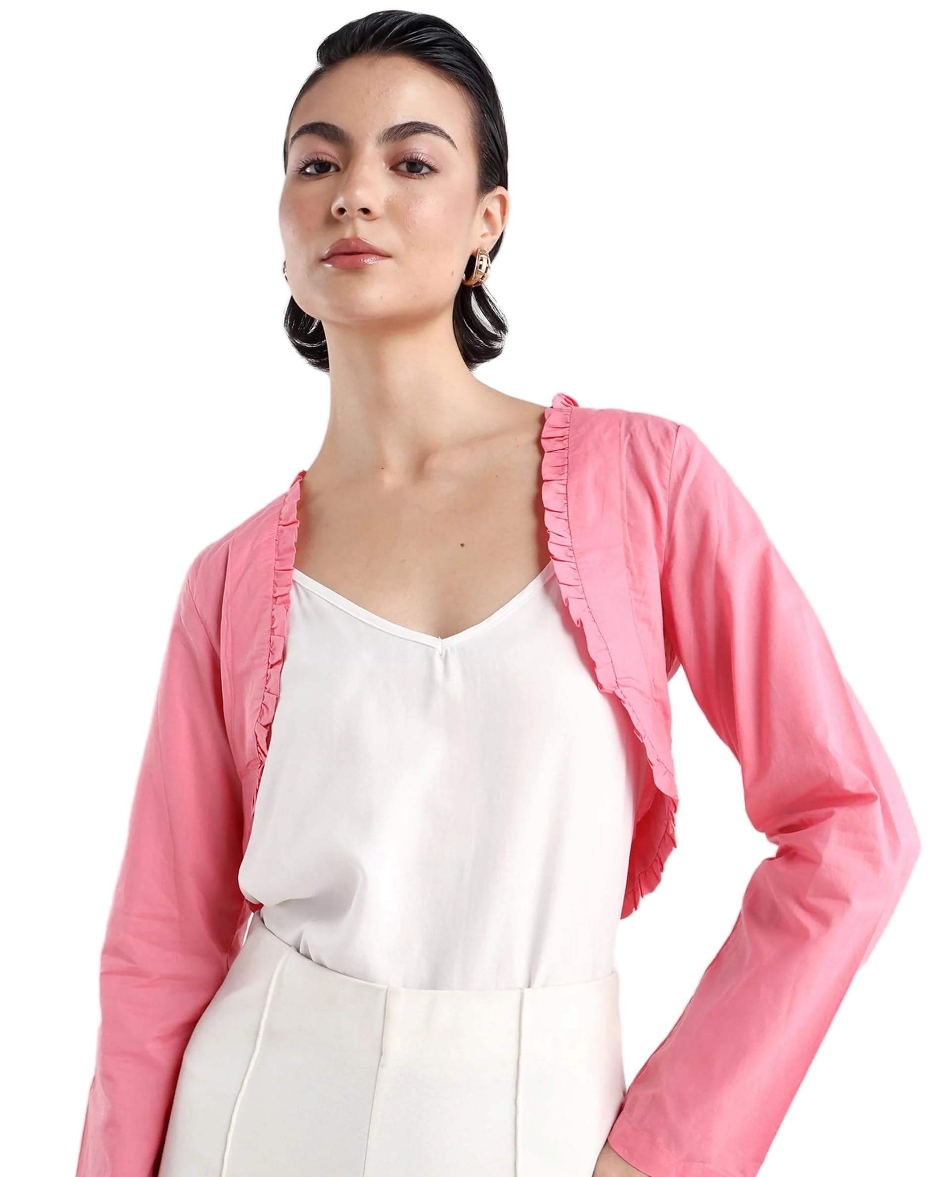 rareism Relaxed Cropped Solid Pink Cotton Long Sleeve V-Neck Shrug-picture-11