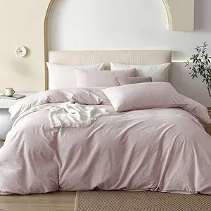 JIYUAN 100% Washed Cotton Duvet Cover Set 3 Pieces Queen, 1 Duvet Cover 90x90 Inches (Comforter Not Included) and 2 Pillowcases,Linen Feel Bedding Set Comfy and Breathable, Heathered Greyish Pink