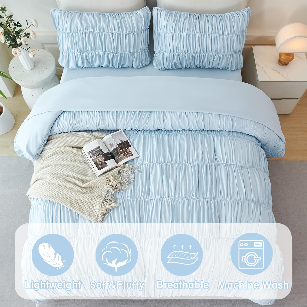 PERFEMET Queen Size Bed in a Bag Light Blue 5 Pieces Fluffy Boho Ruched Comforter with Sheets Luxury Soft Pleated Texture Bedding Comforter Set All Season Lightweight Vintage Ruffle Bed Sets, 90"x90" - Image 4
