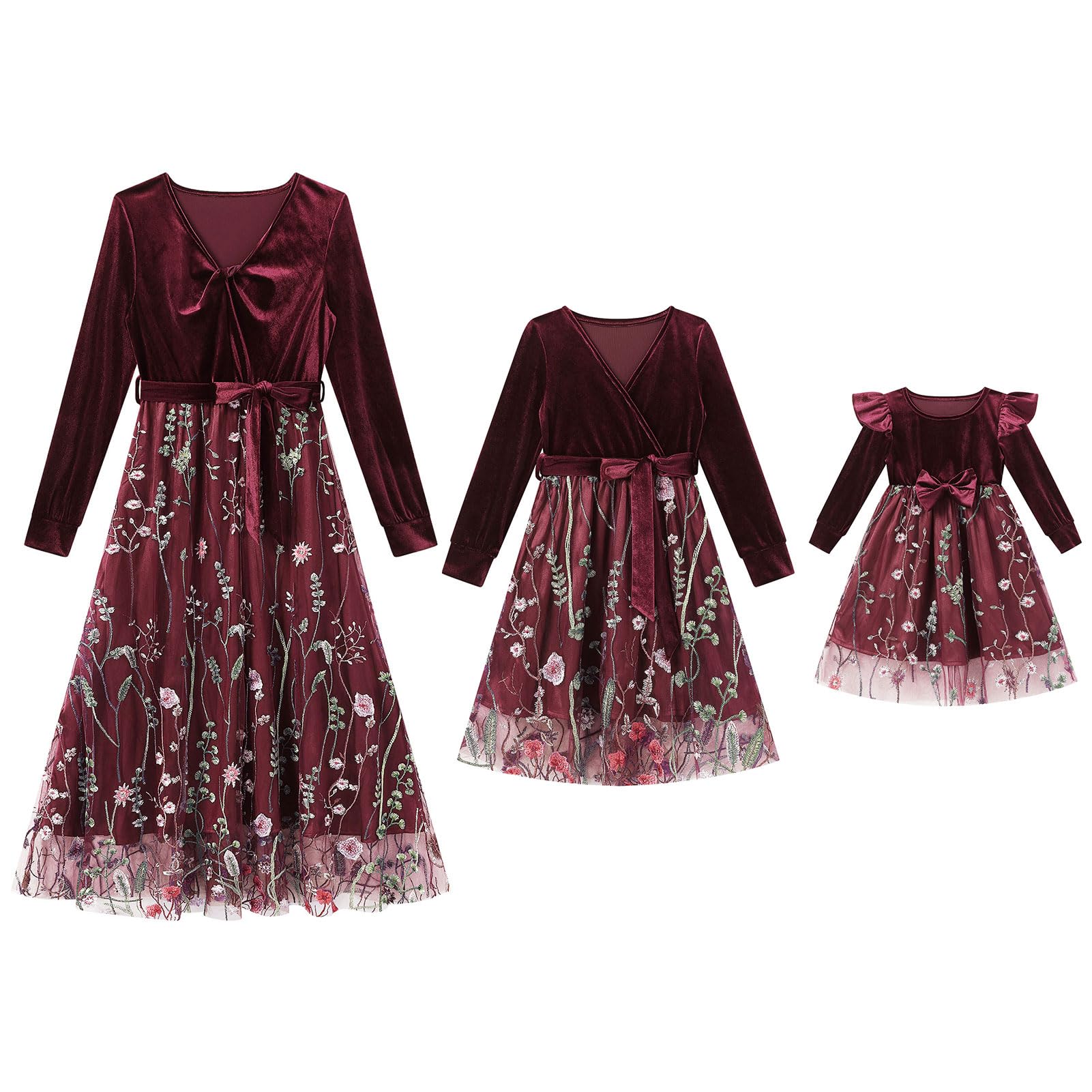 Mommy and Me Christmas Dresses Long Sleeve Floral Embroidered Layered Tulle Velvet Ruffle Dress with Belt Fall Winter Xmas Holiday Party Mom Daughter Matching Outfits Photoshoot Wine Red 6-9 Months