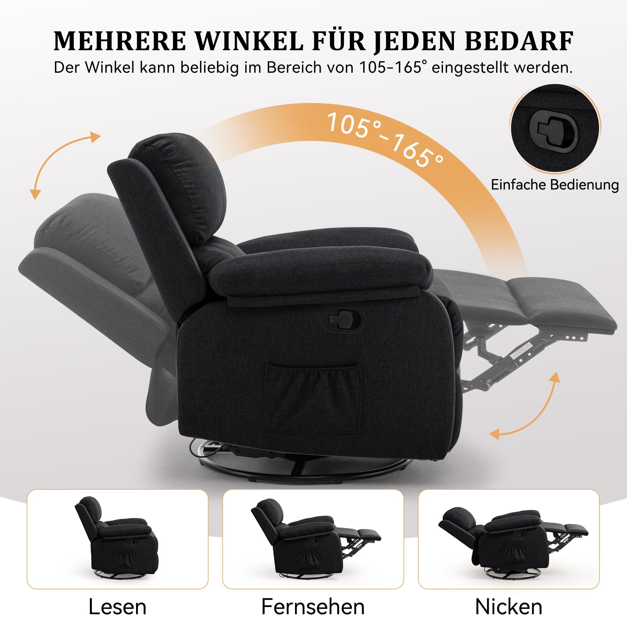 Korser Relaxsessel mit liegefunktion, 360° Drehbarer Massagesessel mit Wärmefunktion & Schaukelfunktion, Kompakter Manuell Verstellbarer Liegesessel, Gepolsterter Fernsehsessel für Wohnzimmer