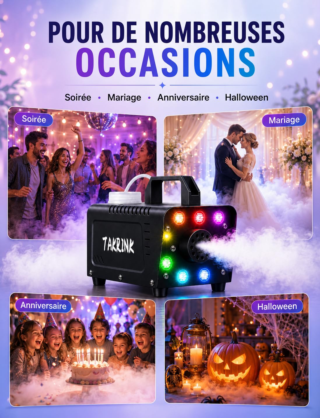 TAKRINK Machine à Fumée 900W Télécommande Machine à Brouillard Professionnel avec 8 LED et Réservoir 0,3 Litres pour Halloween Mariages Étapes Fêtes DJ et Spectacles | 8 LED RGB 16 Couleurs effet fumée Lumineux Réservoir 0,3 L et Commande à Distance pour