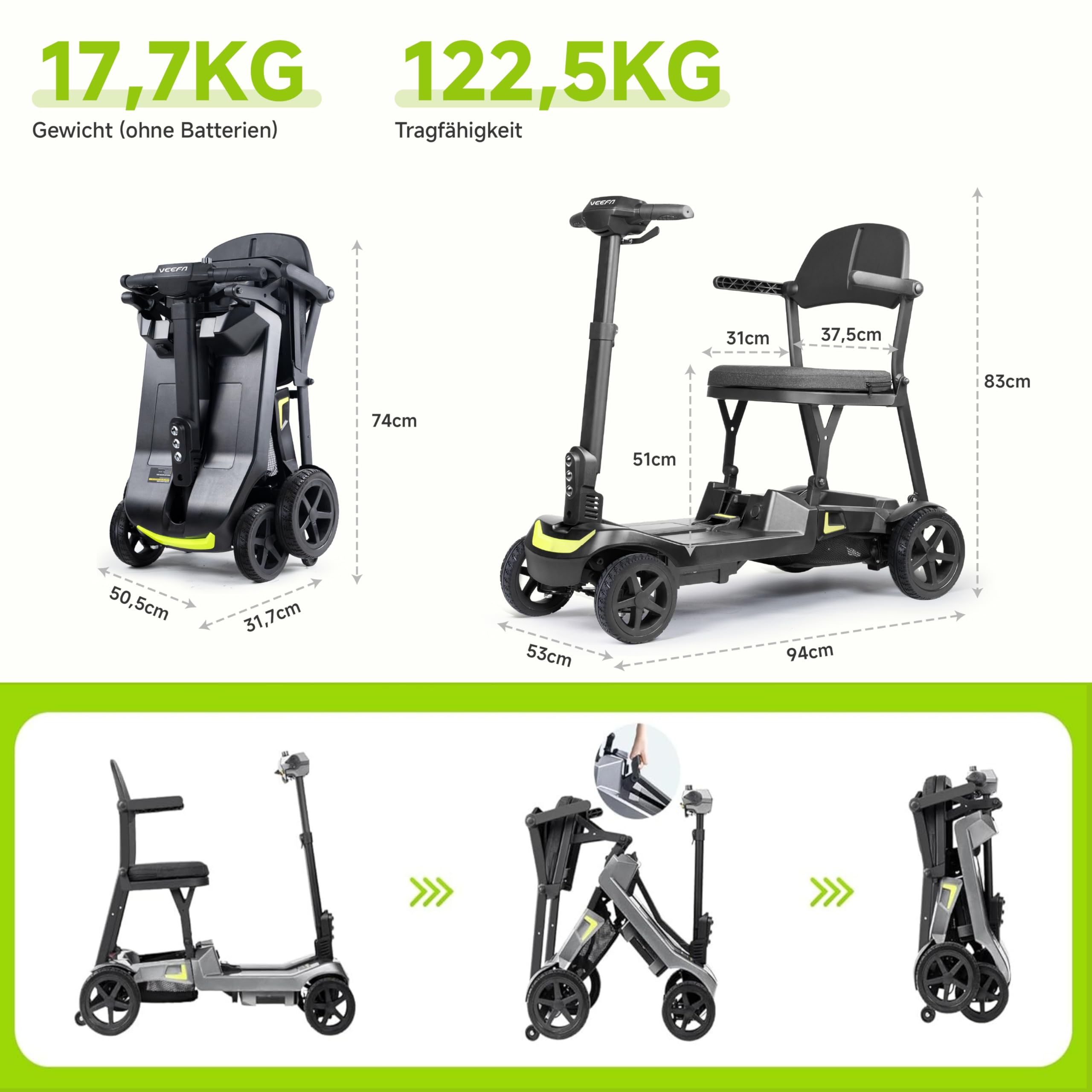 VEEFA Scooter Eléctrico 4 Ruedas, Construcción Ligera 17kg, Batería Doble 36km Autonomía 8km/h, Scooter Minusvalidos Adulto Discapacitados para Coche/Avión/Tren (Negro Amarillo, estándar)