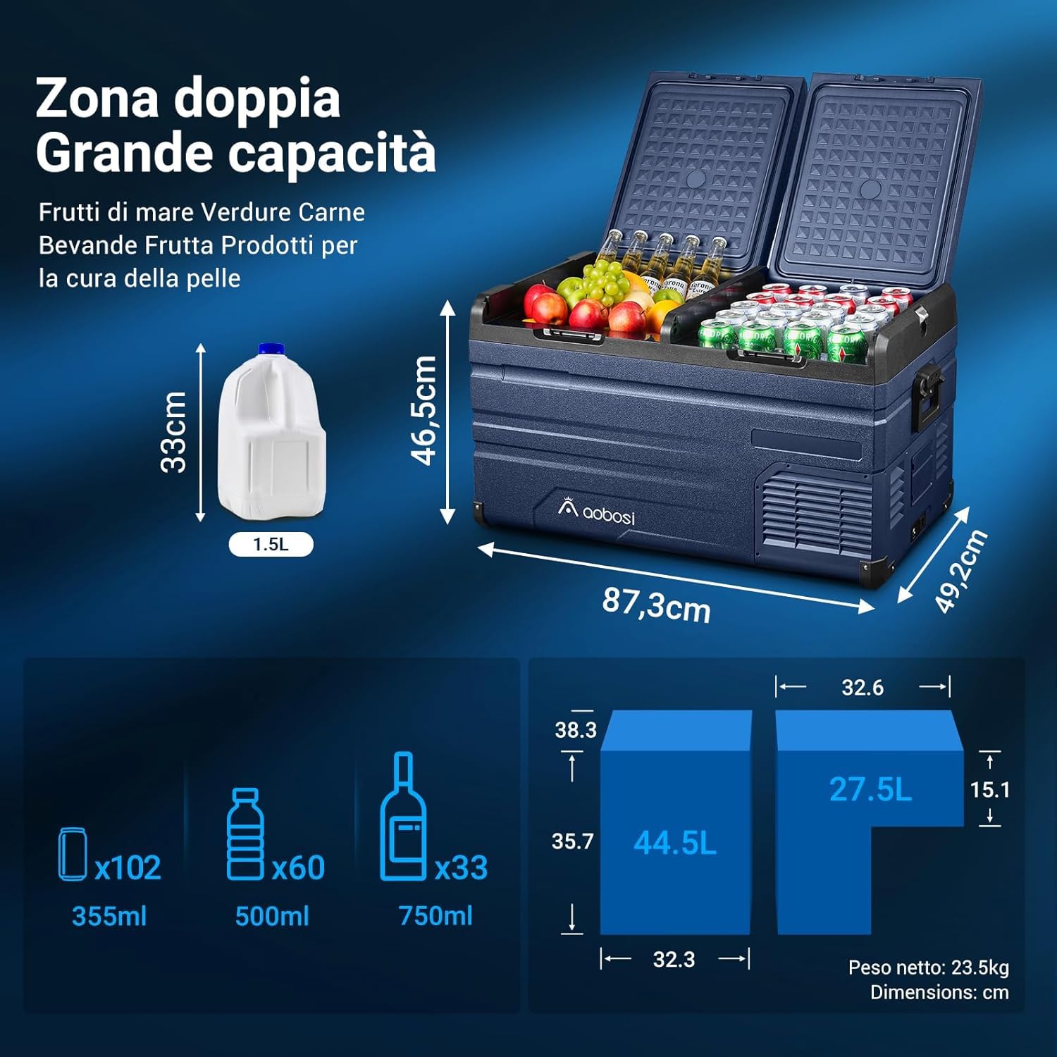 AAOBOSI Frigo Portatile, Frigo Per Auto Doppia Zona, Frigorifero da Viaggio con WiFi, -20 ℃ a 20℃, 12/24V DC e 100/240V AC,Per Auto, Camion, Camper, Barca e Presa Di Corrente