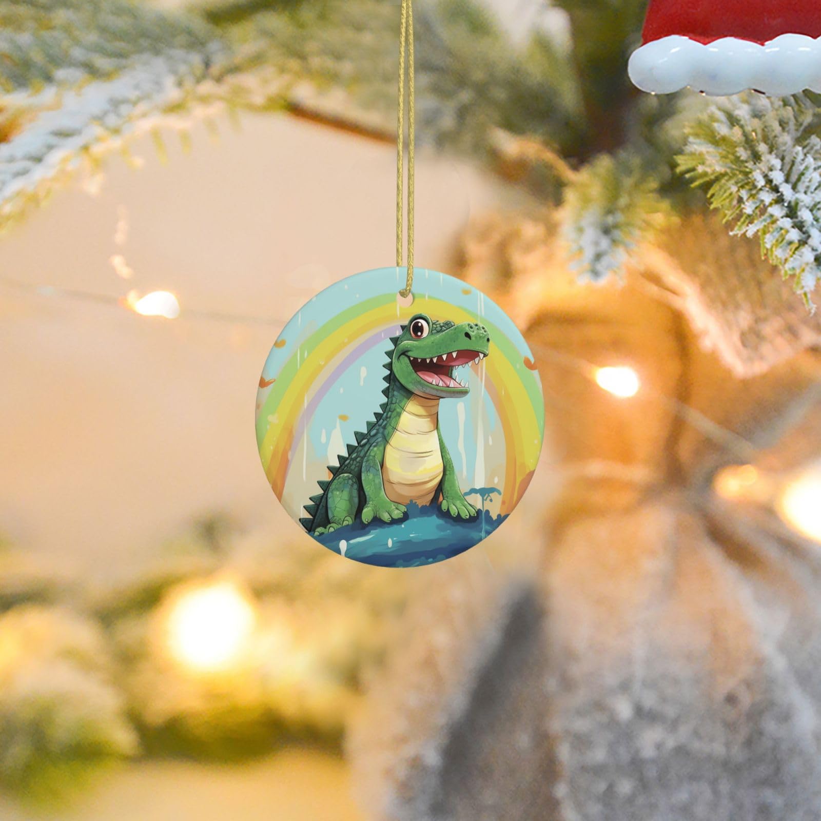 Christmas Tree Ornaments Ceramics Christmas Round Decorations Cute Crocodile Rainbow Ceramics Ornaments Circle Pentagram Xmas Tree Hanging Pendant for Christmas Tree Party Holiday Home Decor