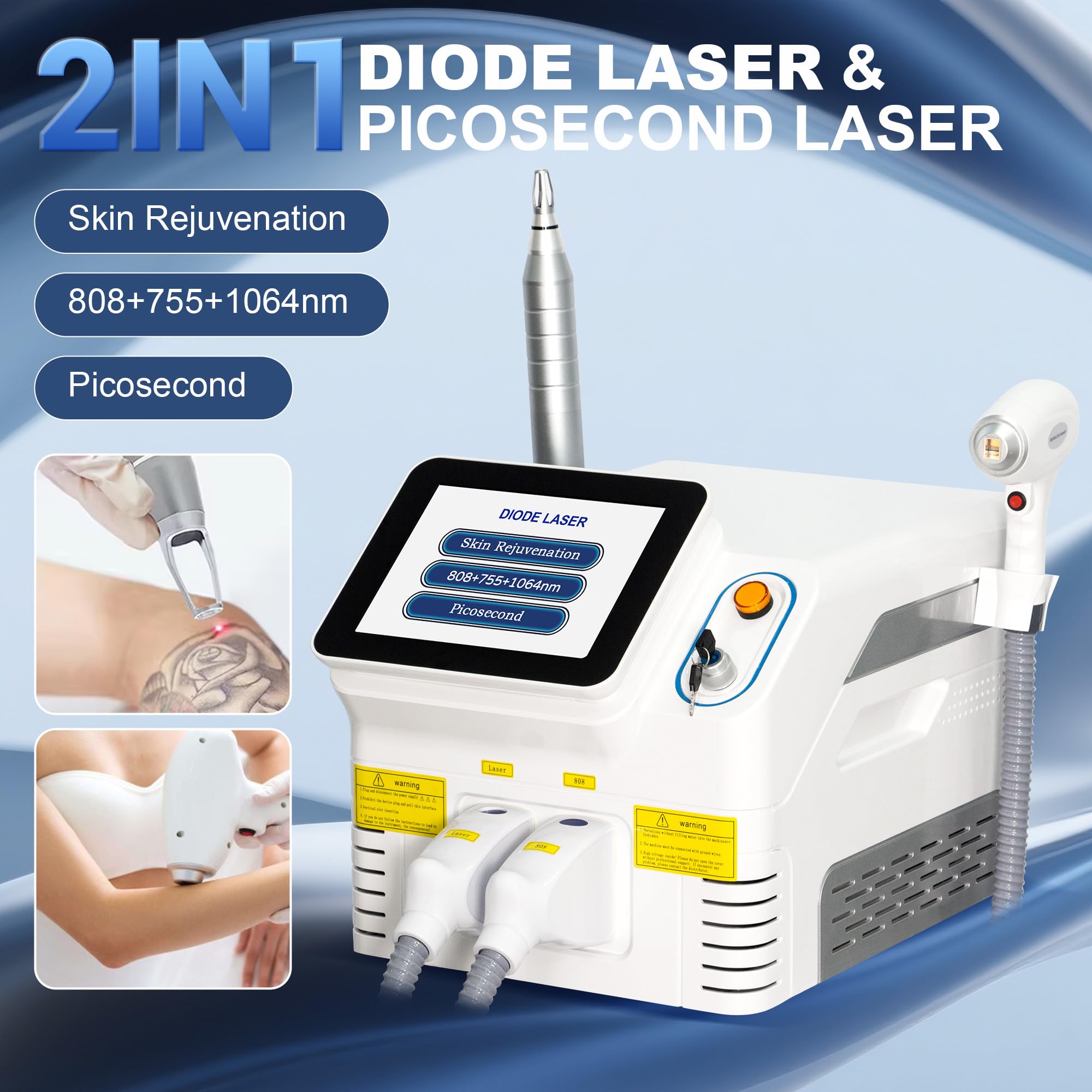Macchina Laser a Diodi e Picosecondo 2 in 1, 808+755+1064nm, Rimozione Peli, Macchie, Tatuaggi e Ringiovanimento della Pelle