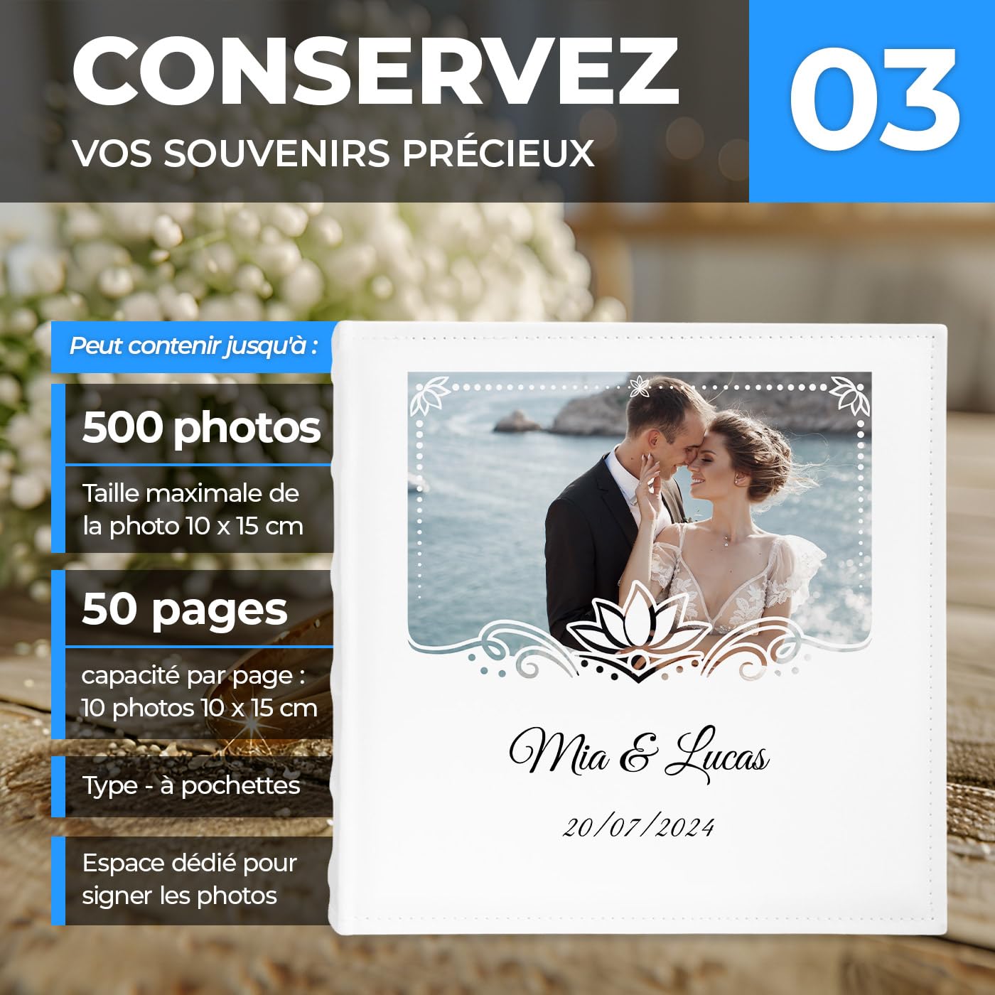 Maverton Album Photo Personnalisable à Pochettes - Cadeau Mariage Unique - Photo Album 33x33x6 cm pour 500 Photos avec Couverture Imprimée - Cadeau Personnalisé Pour Jeunes Mariés - couple mariage
