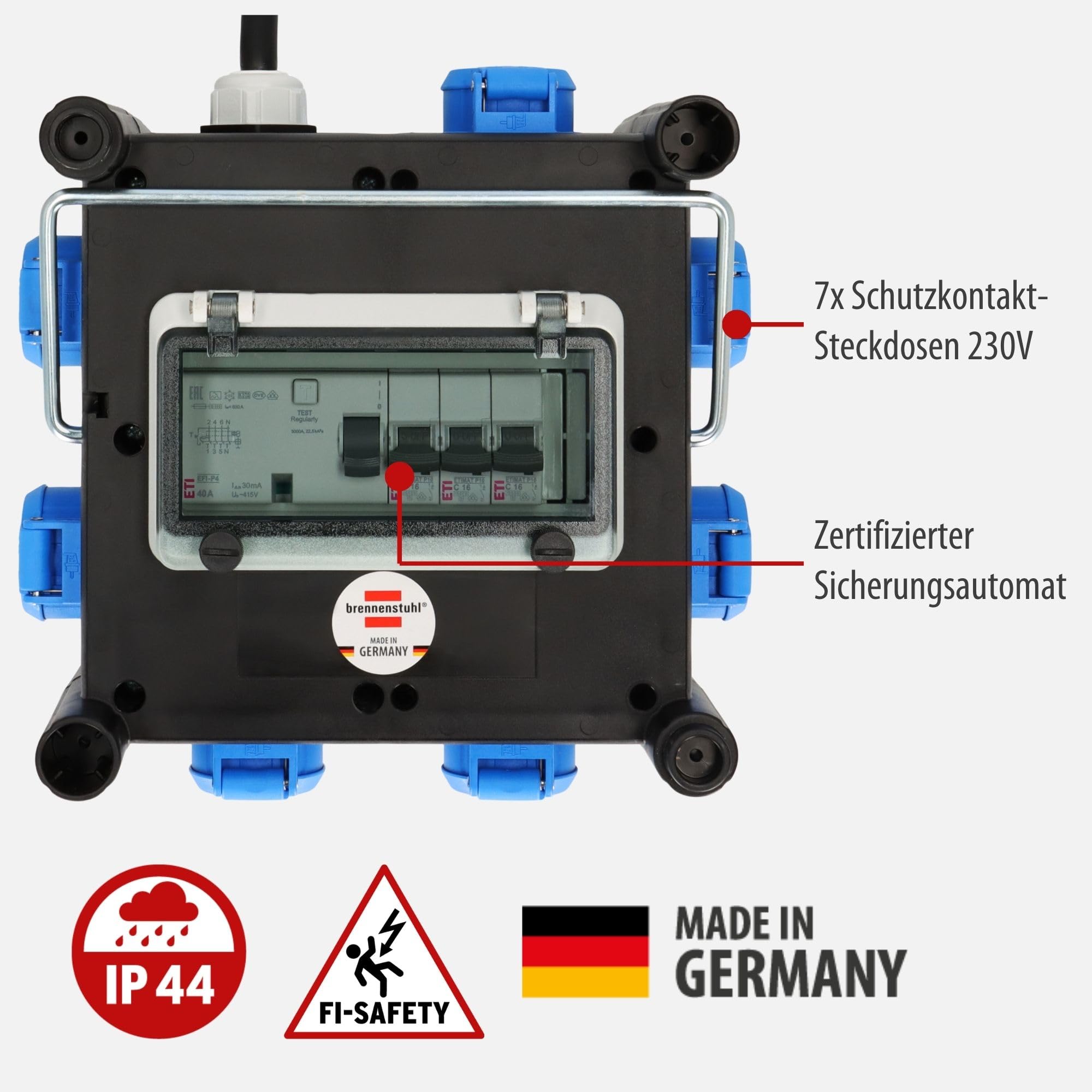 Brennenstuhl Kompakter Gummi-Stromverteiler/Gummiverteiler mit zertifiziertem Sicherungsautomaten (2m Kabel, 7x 230 V/16 A, ständiger Einsatz im Freien, Made in Germany)