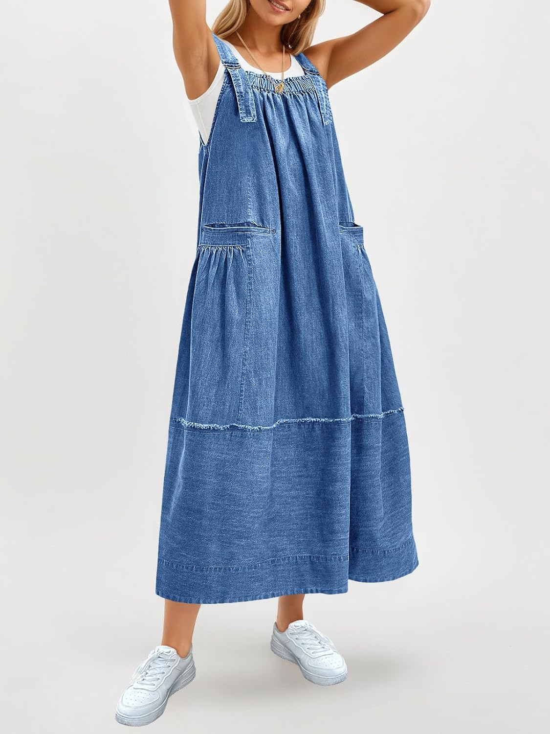 Cicy Bell Women's Denim Overall Dress Casual Adjutable Strap Back Drawstring Loose Jumper Bib Maxi Dresses with Pockets - Image 3