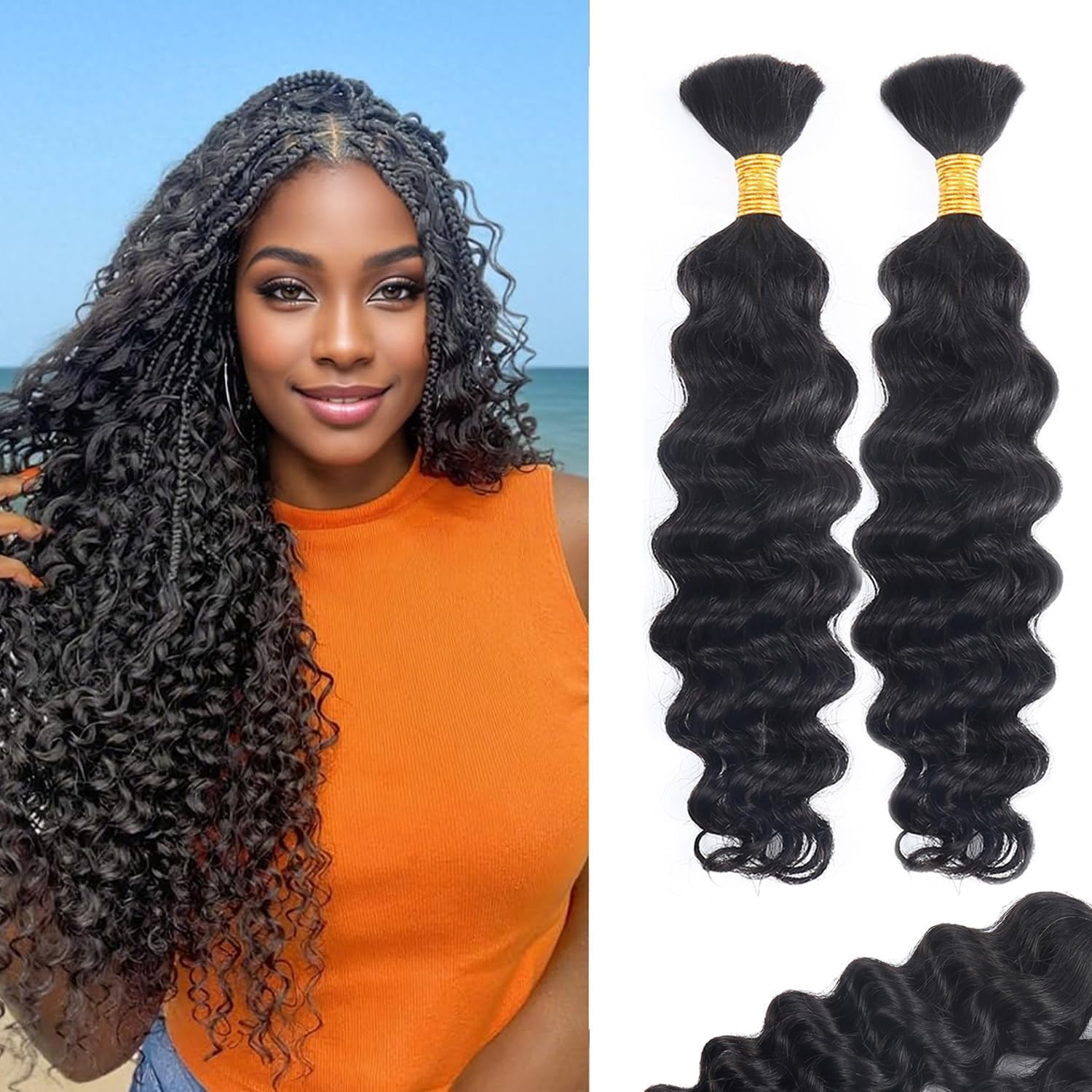Cabello trenzado humano para trenzas bohemias, 100 g, 40 cm, 2 paquetes de extensiones sin broche, color negro, para trenzas bohemias, sin mechones, extensiones de agua profunda a granel, cabello
