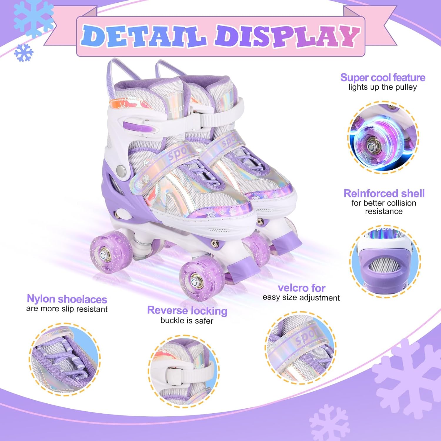 Roller Skates for Girls Boys Kids Age 3-12 Years Old Adjustable 4 Sizes with Wheels Light up, Birthday Gift for Children Teens, Indoor Outdoor - Image 3