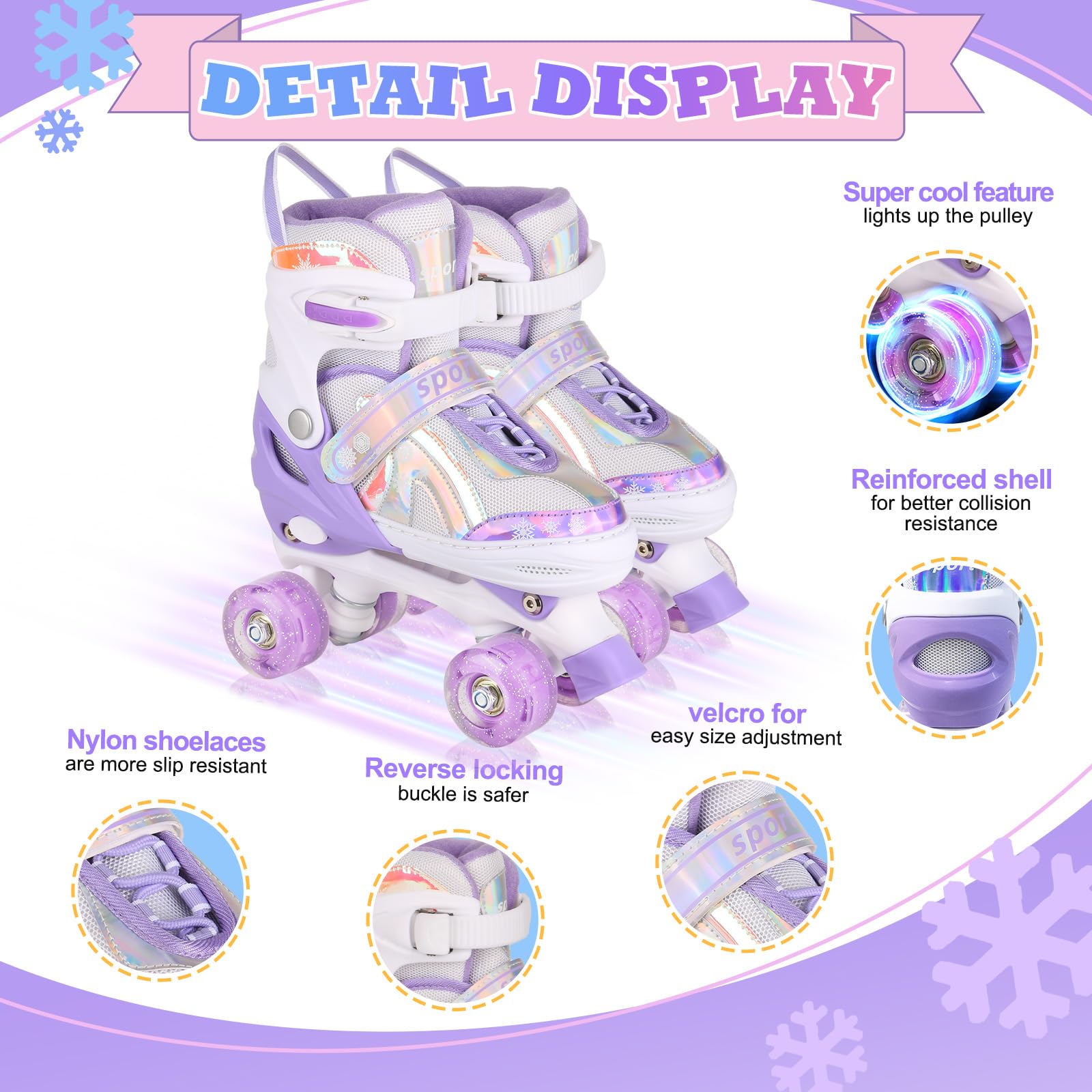 Roller Skates for Girls Boys Kids Age 3-12 Years Old 4 Sizes Adjustable with Wheels Light up, Birthday Gift for Children Teens, Indoor Outdoor