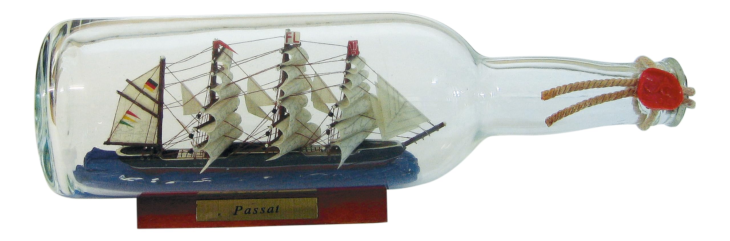 Flaschenschiff - Passat Buddelschiff Glas/Holz/Messing B=29cm Ø=8cm