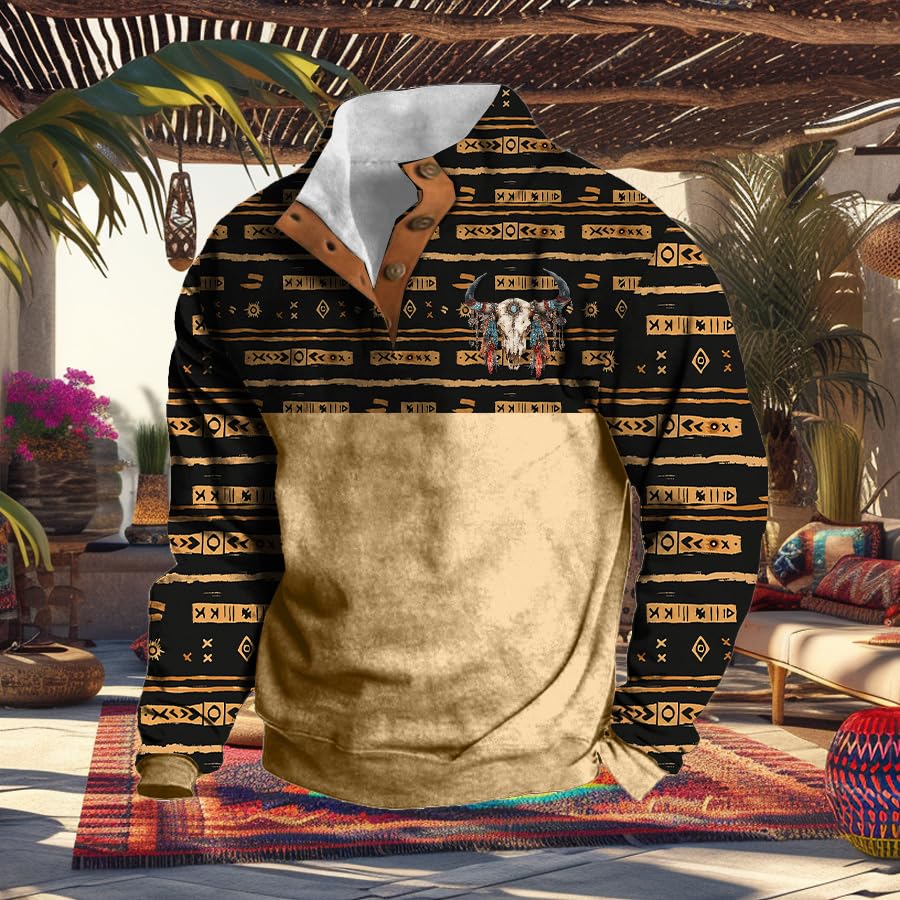 MARSVOVO Men'S Aztec Western Sweatshirt 1/4 Button Plus Size Cowboy Pullover Fall Winter Warm Hoodie Long Sleeve2