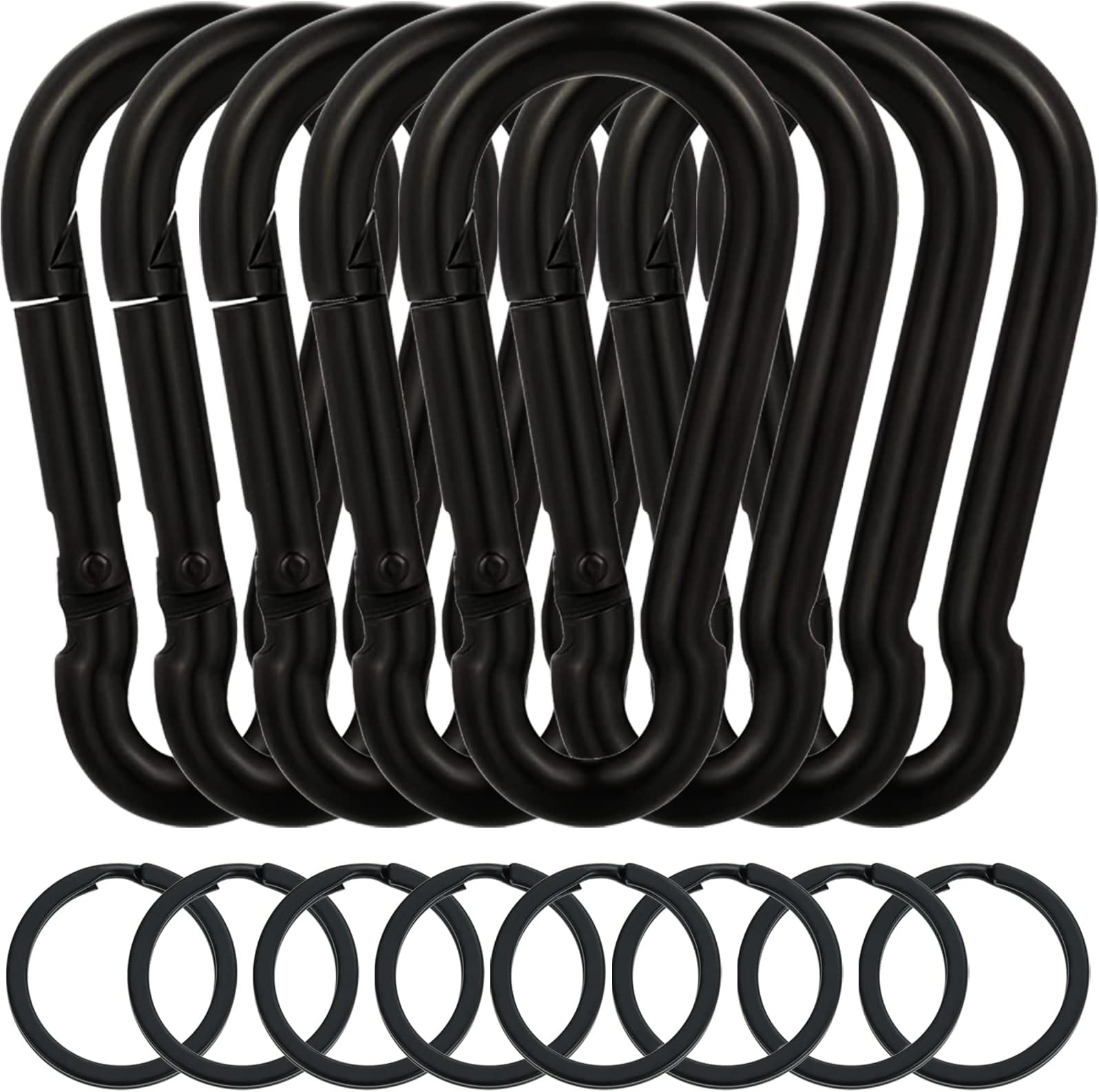 8 Pack Black Carabiner Clips with 8 Key Rings Heavy Duty Spring Snap Hook Zinc-Galvanized Steel Snap Clip Rope Connector Link Hooks for Camping Fishing Hiking Swing Hammock Dog Leash