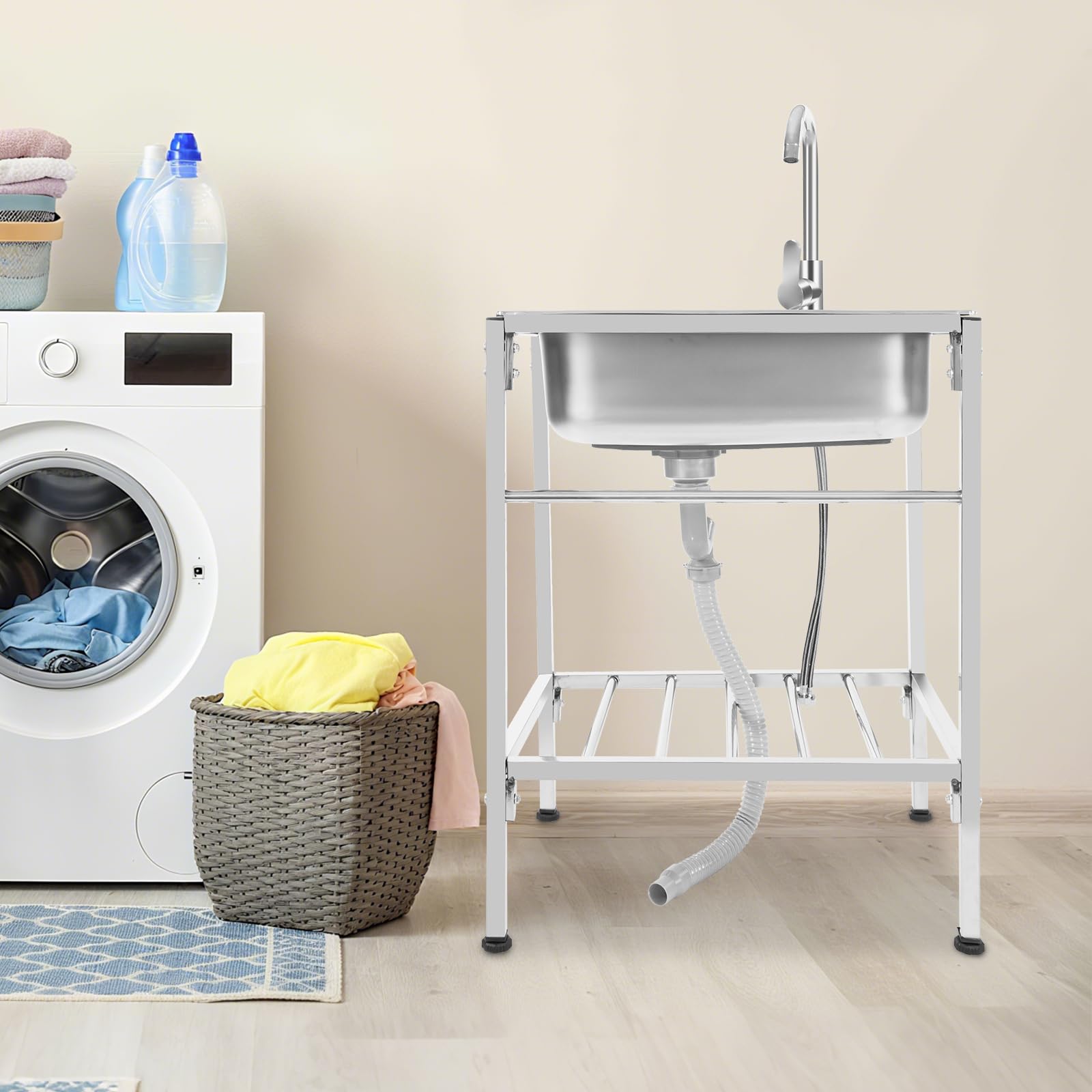 Lavabo indipendente in acciaio inox, 60 x 45 x 75 cm, 1 vasca, mobile per garage industriale, per esterni, giardino, campeggio, con rubinetto, scolapasta per lavanderia, garage, cortile