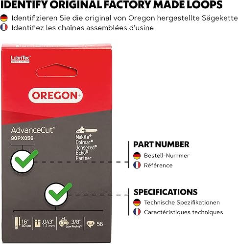 Miniatura 5 de Oregon AdvanceCut - Cadena de sierra para adaptarse a motosierras DeWalt, Greenworks, McCulloch y Parkside de 16 pulgadas (90PX056E)