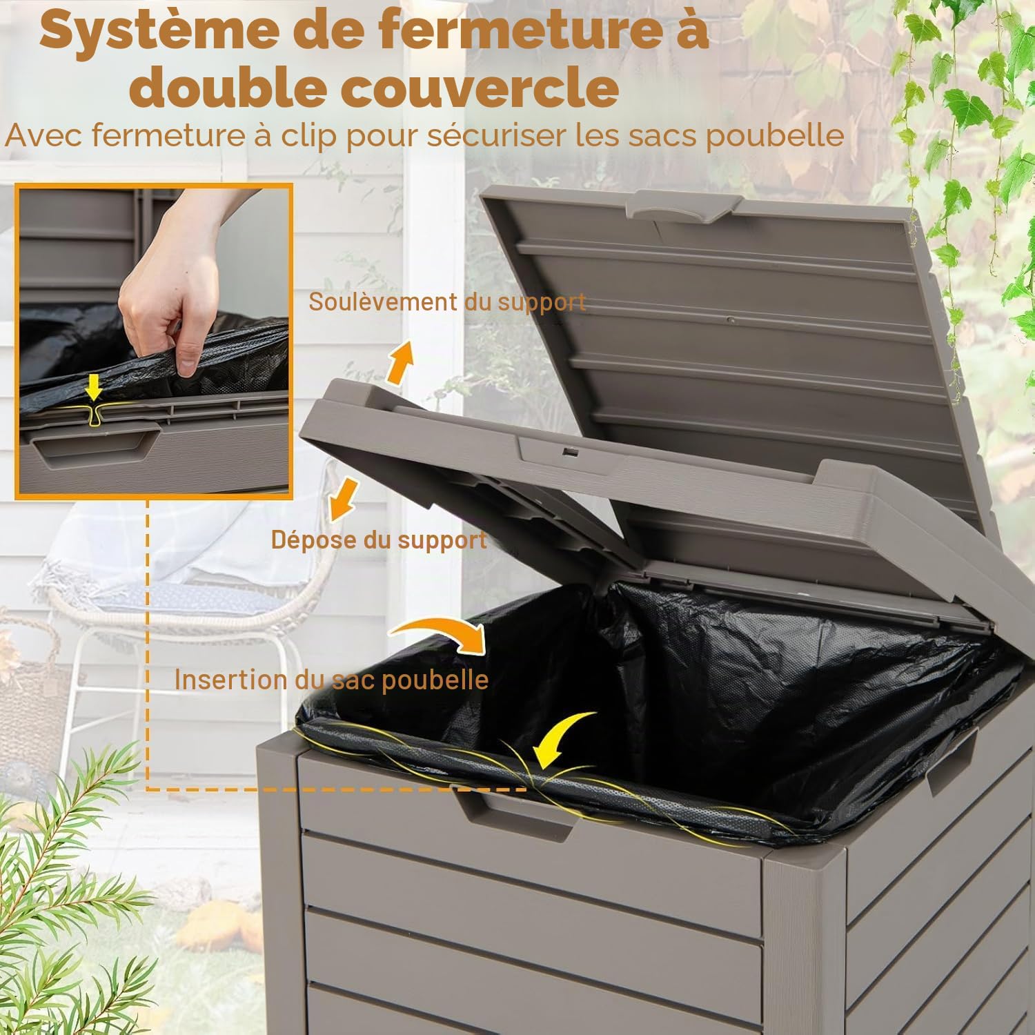FANTASK Poubelle d'extérieur avec couvercle, bac à liquide extensible et poignée, 118 l, marron, poubelle étanche pour véranda, arrière-cour, terrasse