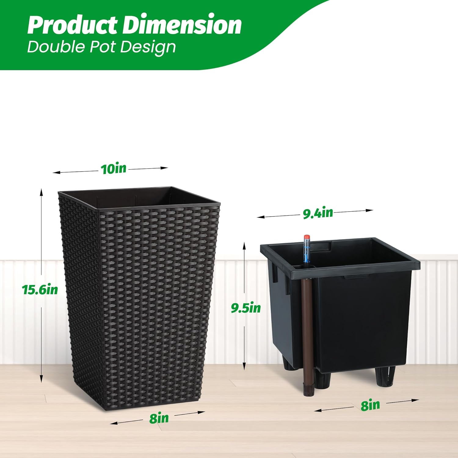 US 2PCS Tall Rattan Planter 16/22.5" Flower Pot Water Level Monitor Wheel Patio - Picture 41 of 50